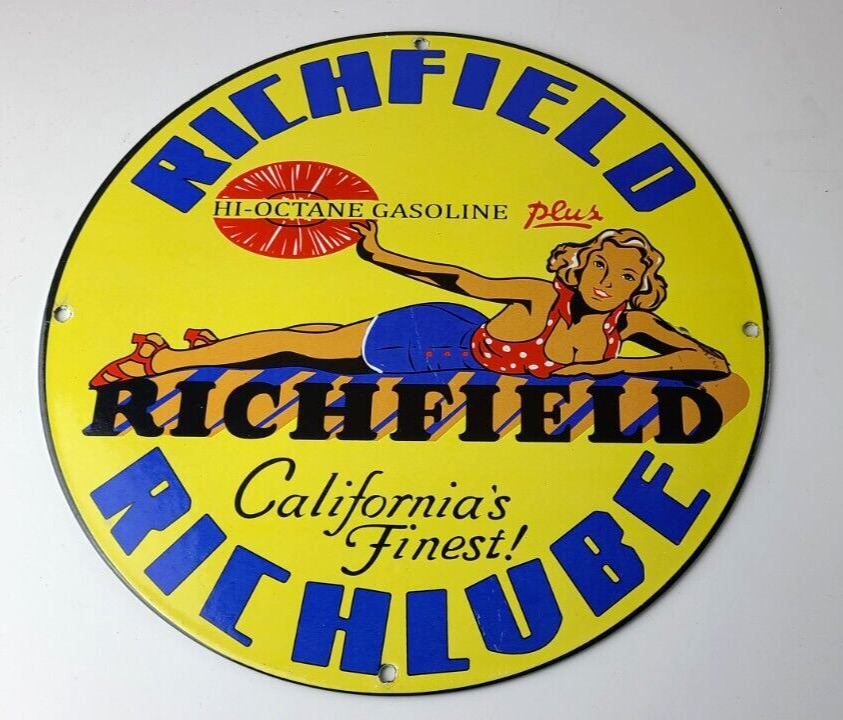 Vintage Richfield Richlube Sign - California's Finest Pinup Girl Gas Pump Sign