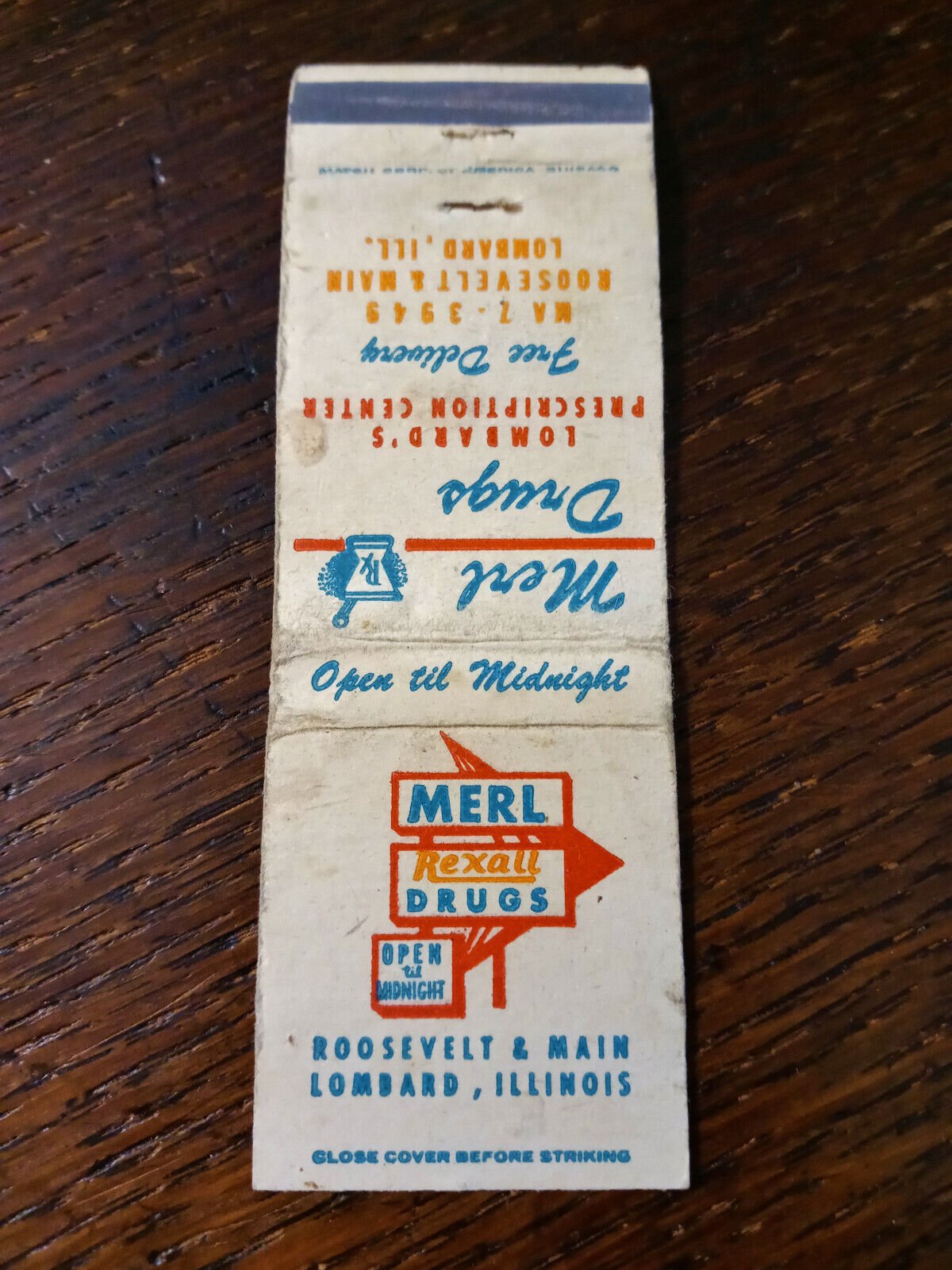 Vintage Matchbook:  Merl Rexall Drugs, Lombard, IL