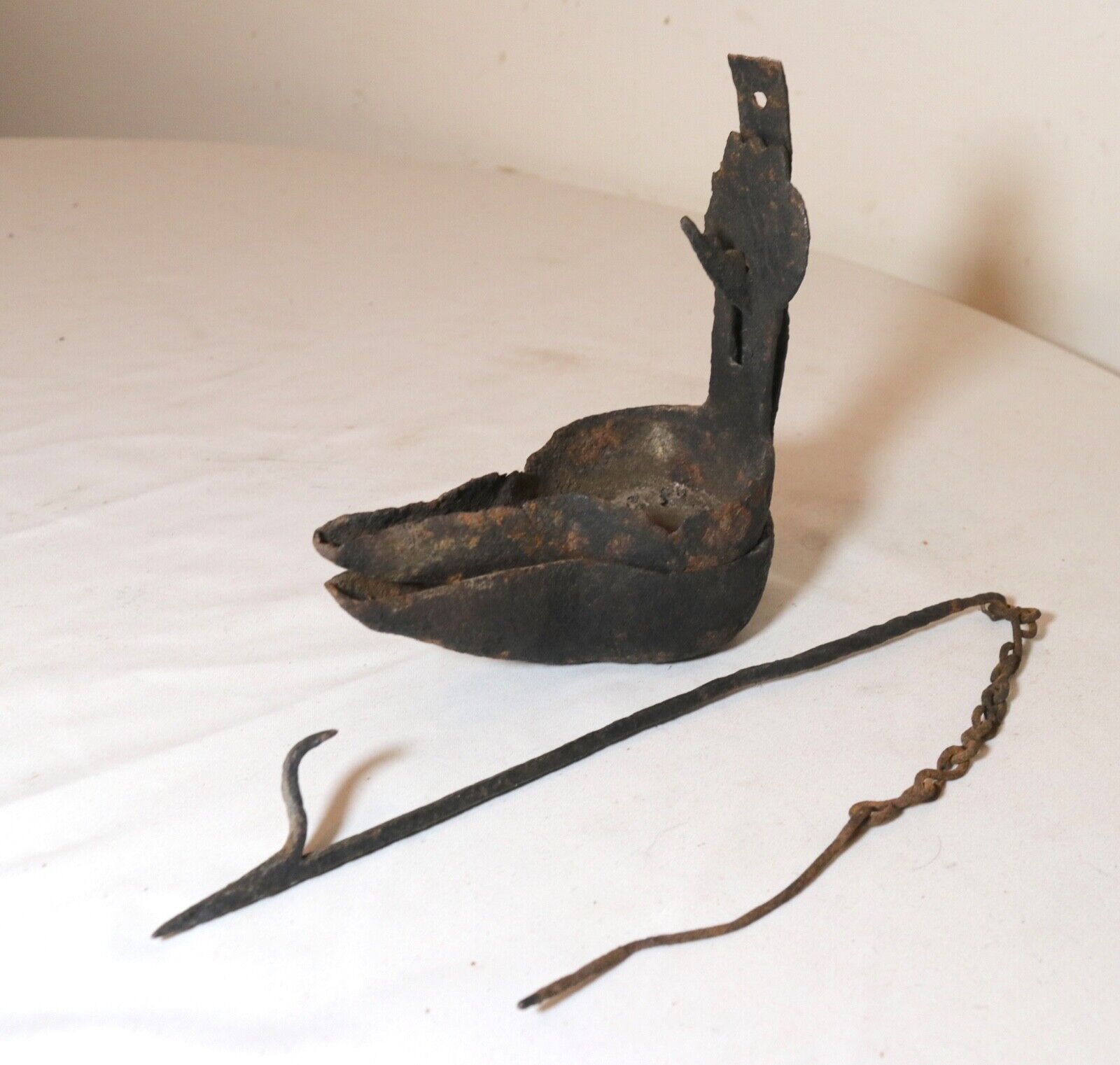 rare antique 18th century hand wrought iron double cruise Betty oil burning lamp