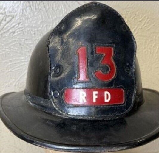 Vintage Firefighter Black Helmet Leather Front Badge FD #13 Antique ? Cairns 