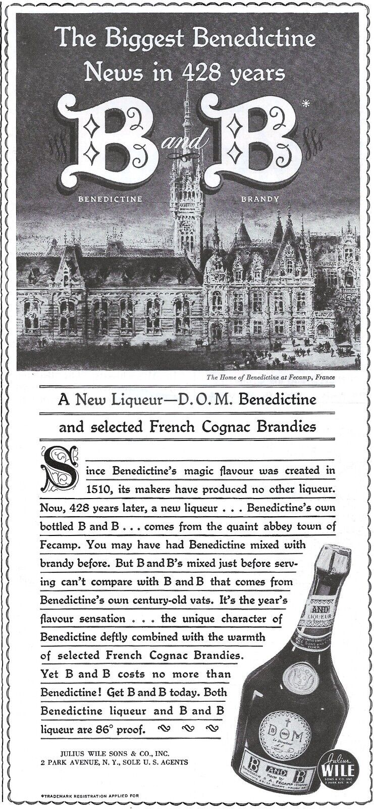 1938 D.O.M. Benedictine French Cognac Brandy B & B Liqueur Original Print Ad