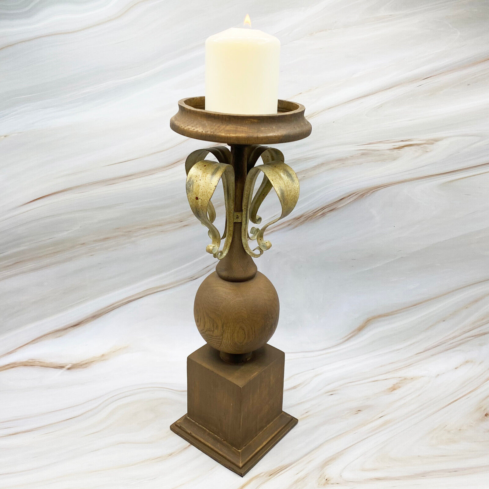 GLOBAL VIEWS Vintage Tall Turned Wood Candle Holder with Metal Scroll Leaves