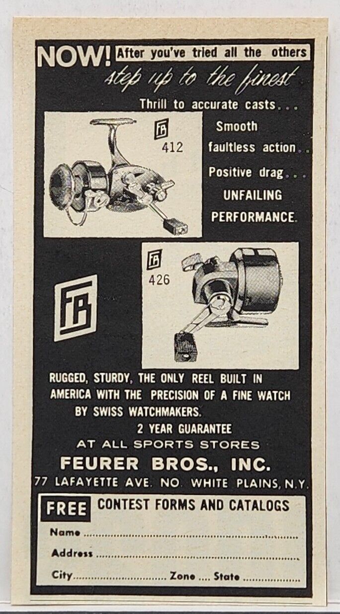 1965 Feurer Bros Fishing Reels Print Ad White Plains New York