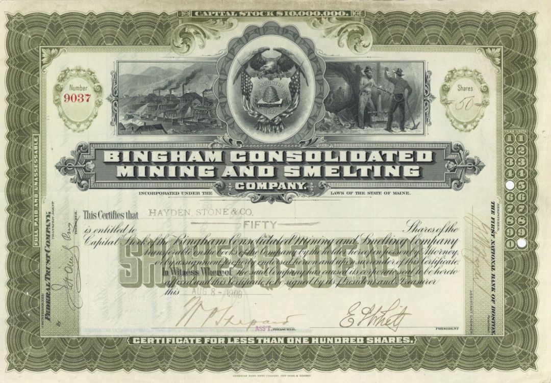 Bingham Consolidated Mining and Smelting Co. - Stock Certificate - Mining Stocks