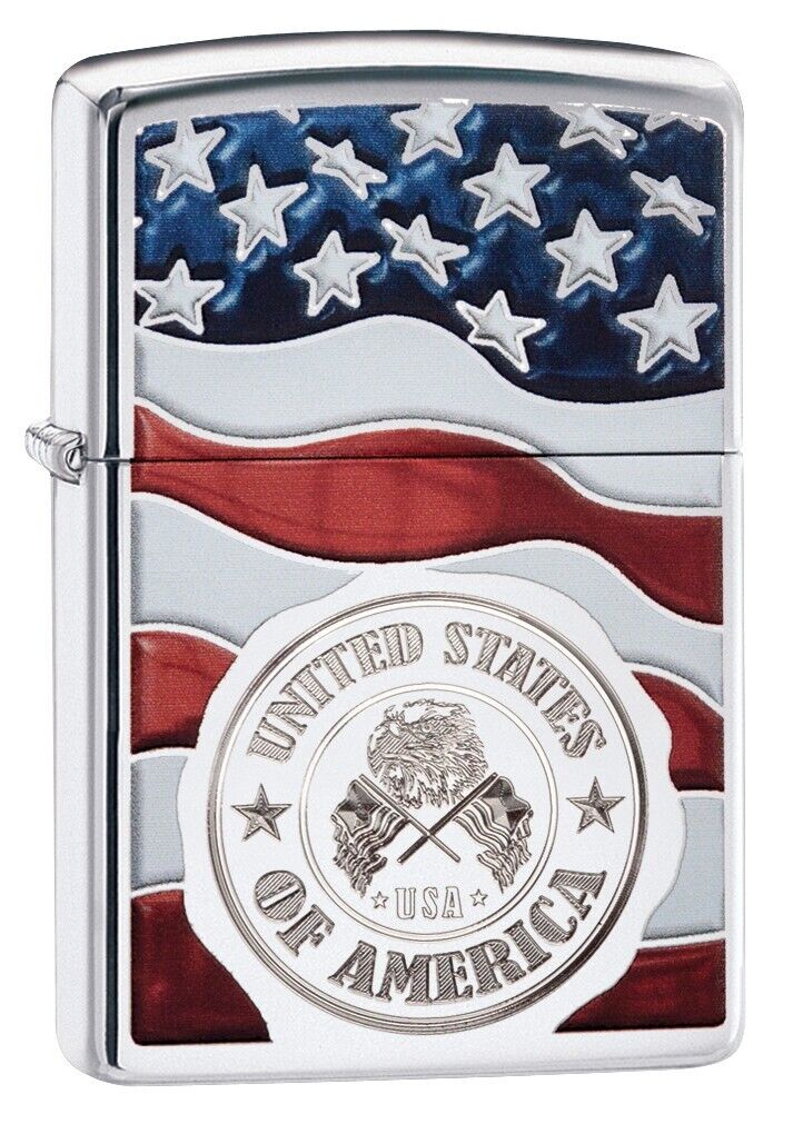 Zippo American Stamp on Flag High Polish Chrome Windproof Pocket Lighter, 29395