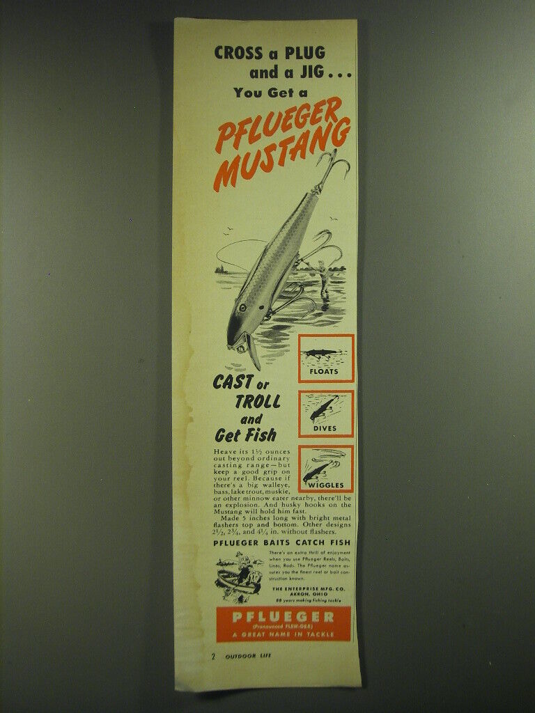 1952 Pflueger Mustang Lure Ad - Cross a plug and a jig
