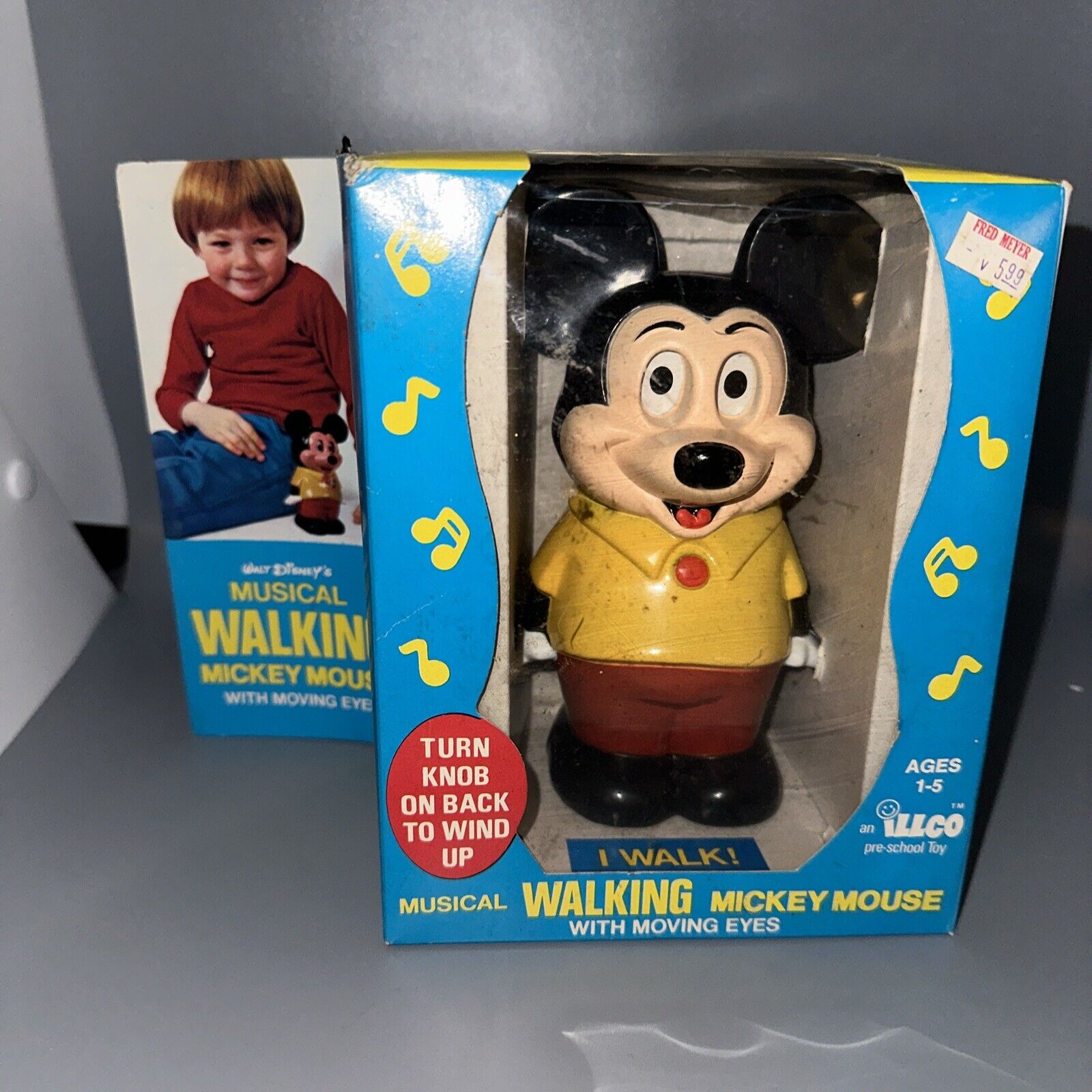 Original Vintage ILLCO Walt Disney MICKEY MOUSE Walking Musical Wind-Up BOXED