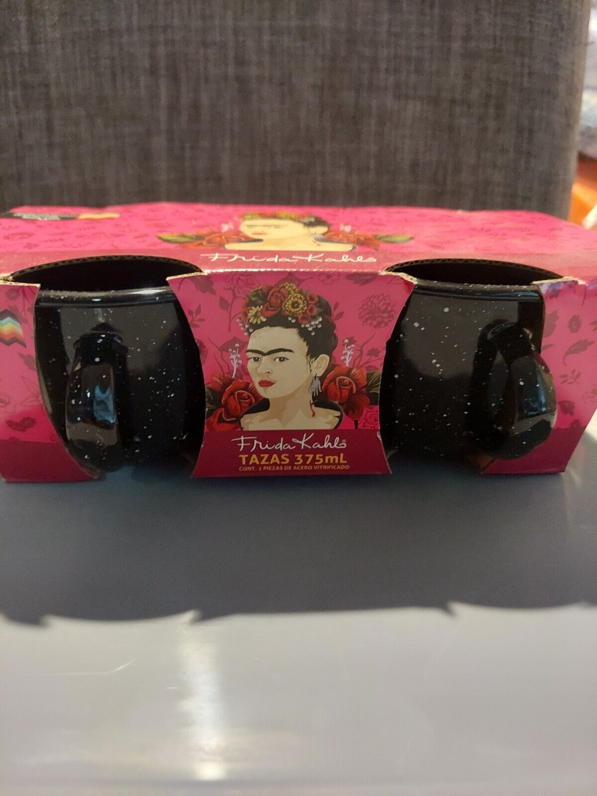 Frida Kahlo 2 STEEL TIN CUPS Feather Design in Orig Package Santa Anita Mexico