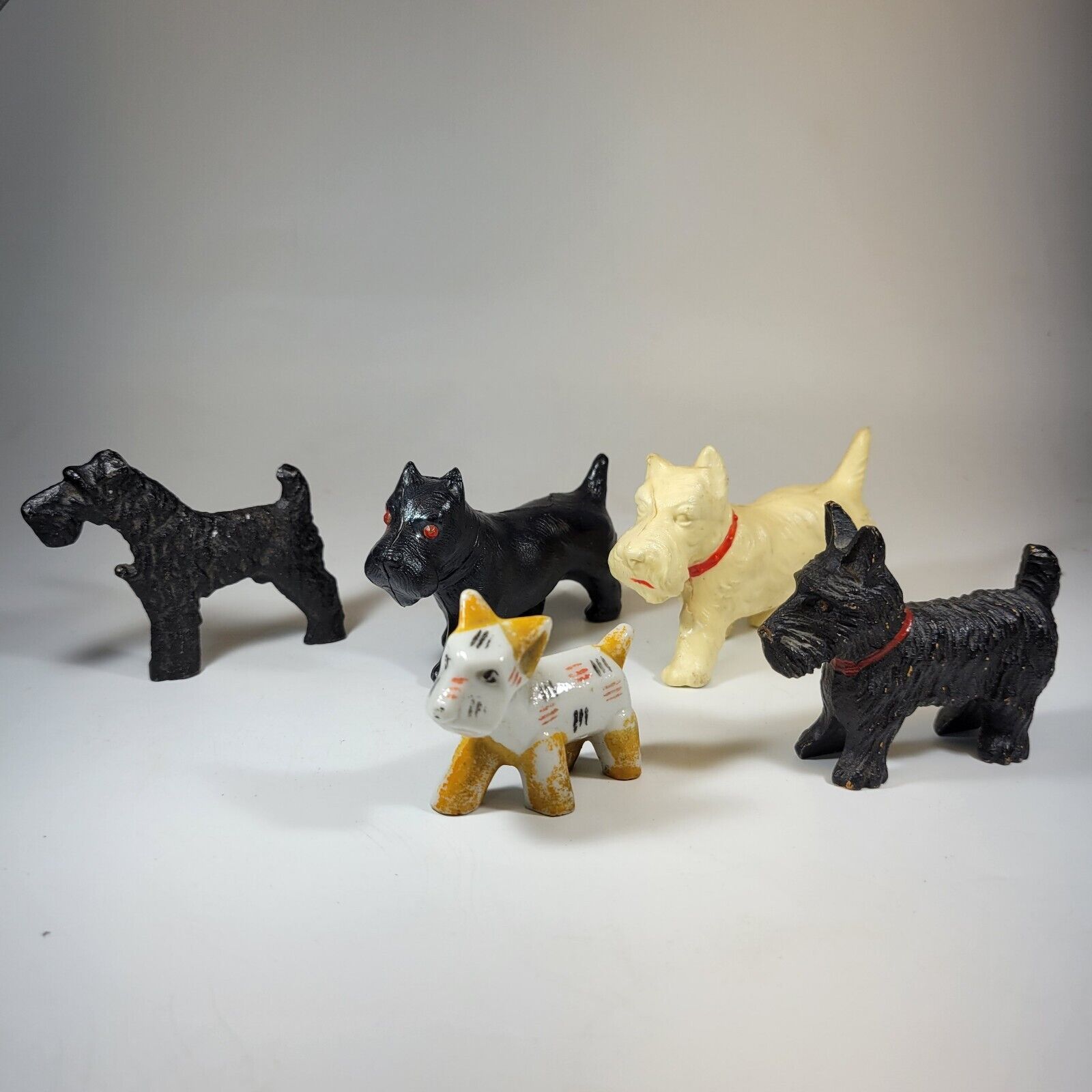 Scottie Dog Figurines Vintage LOT Of 5  Mixed Materials Pieces Scottish Terrier