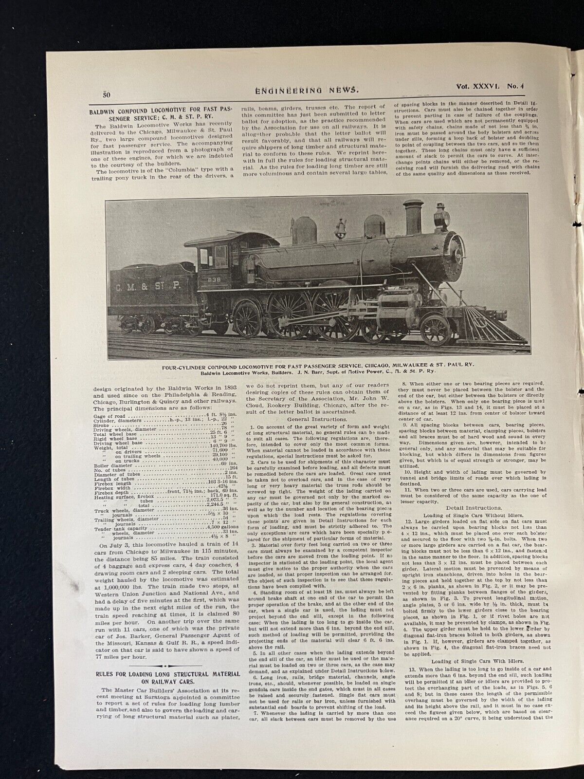 1896 Industrial Illustration/Drawing Four-Cylinder Baldwin Compound Locomotive