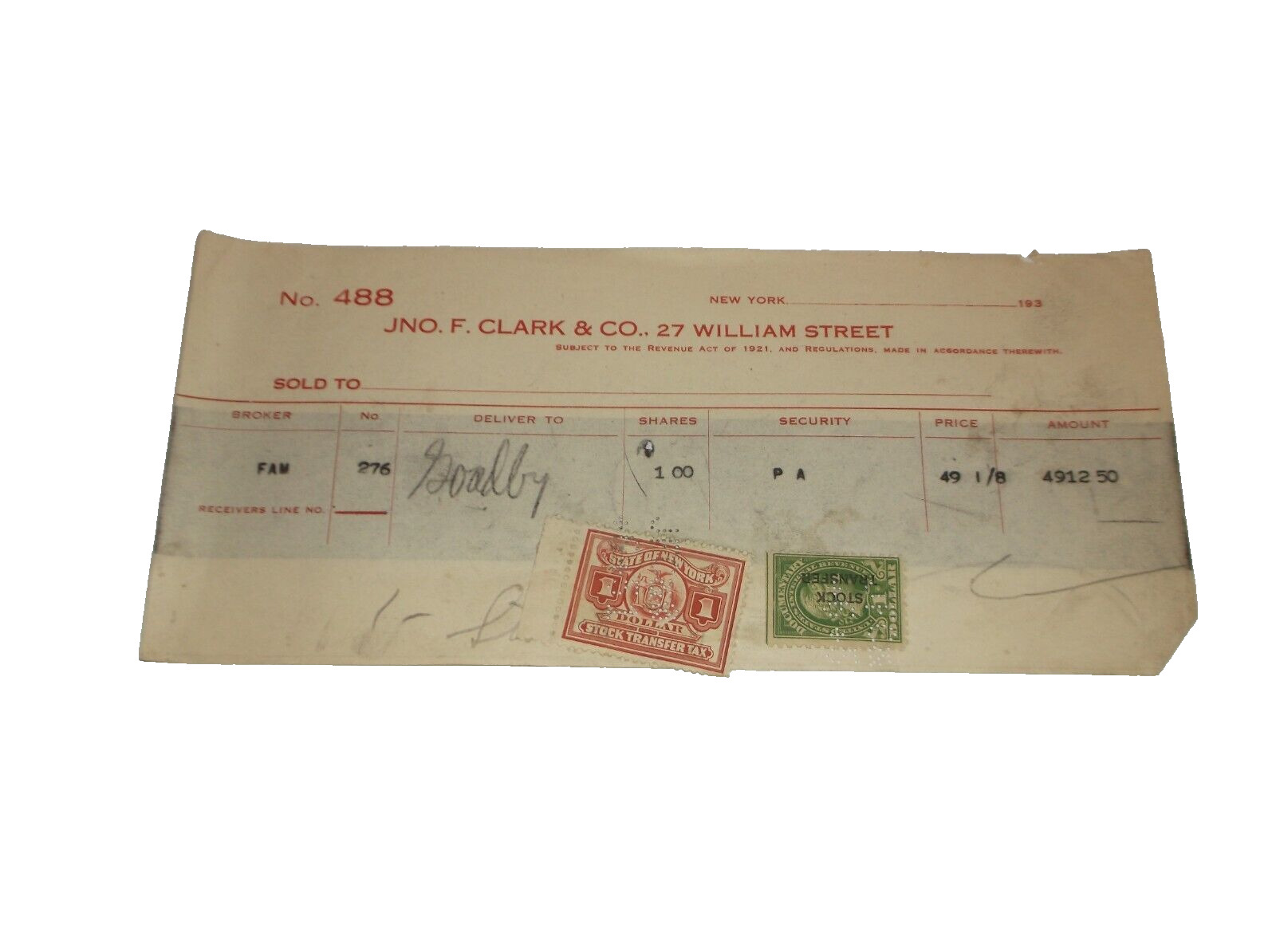 1931 PENNSYLVANIA RAILROAD PRR STOCK TRANSFER JOHN F. CLARK & COMPANY