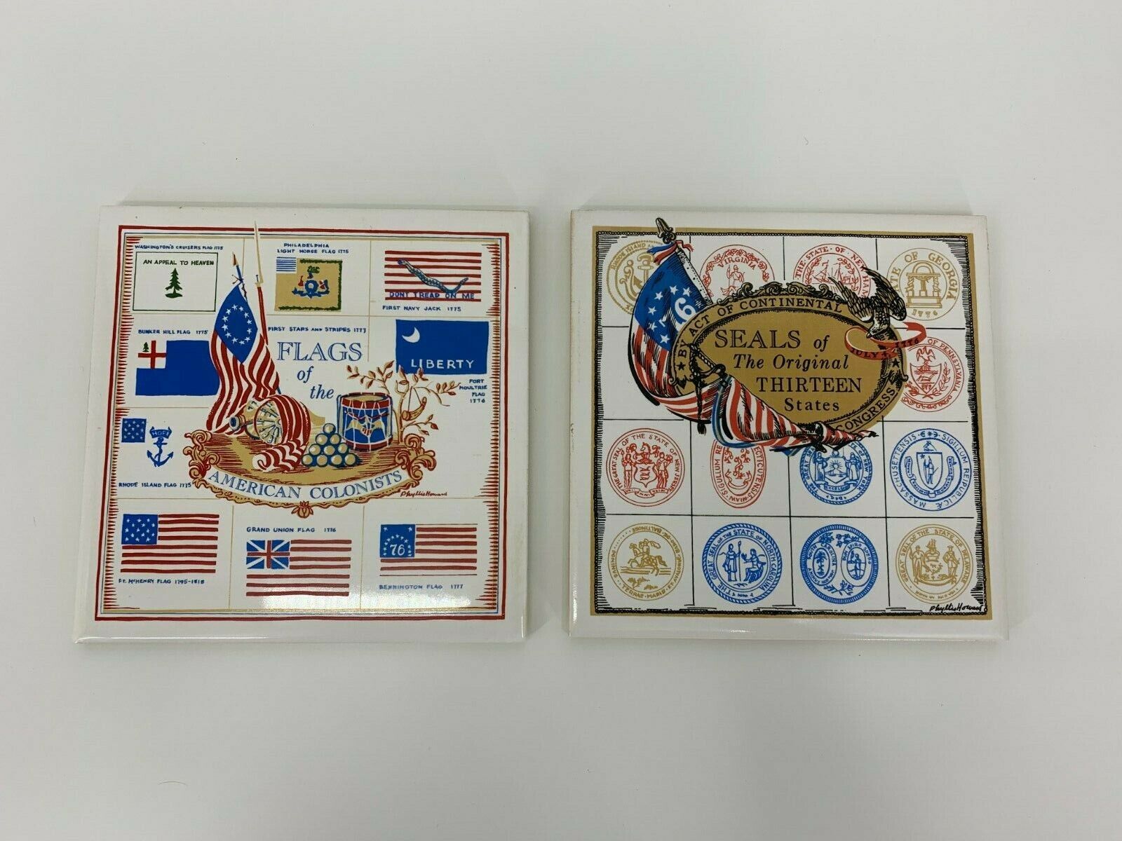 Vintage Screen Craft Tile Cork Trivet - Flags of Colonists & Seals of 13 States