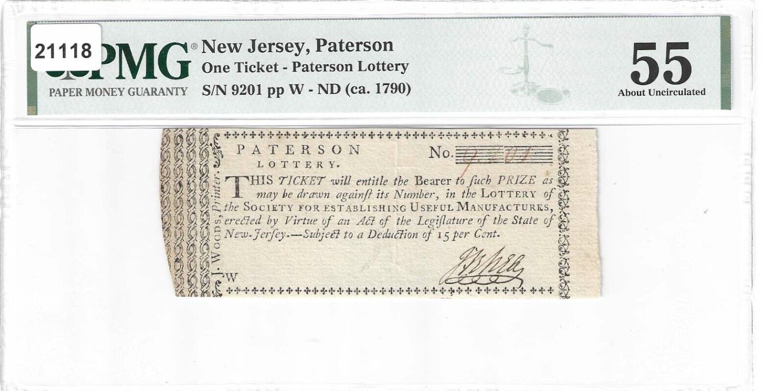 [Alexander Hamilton] Post-Revolutionary War Paterson, NJ Lottery Ticket