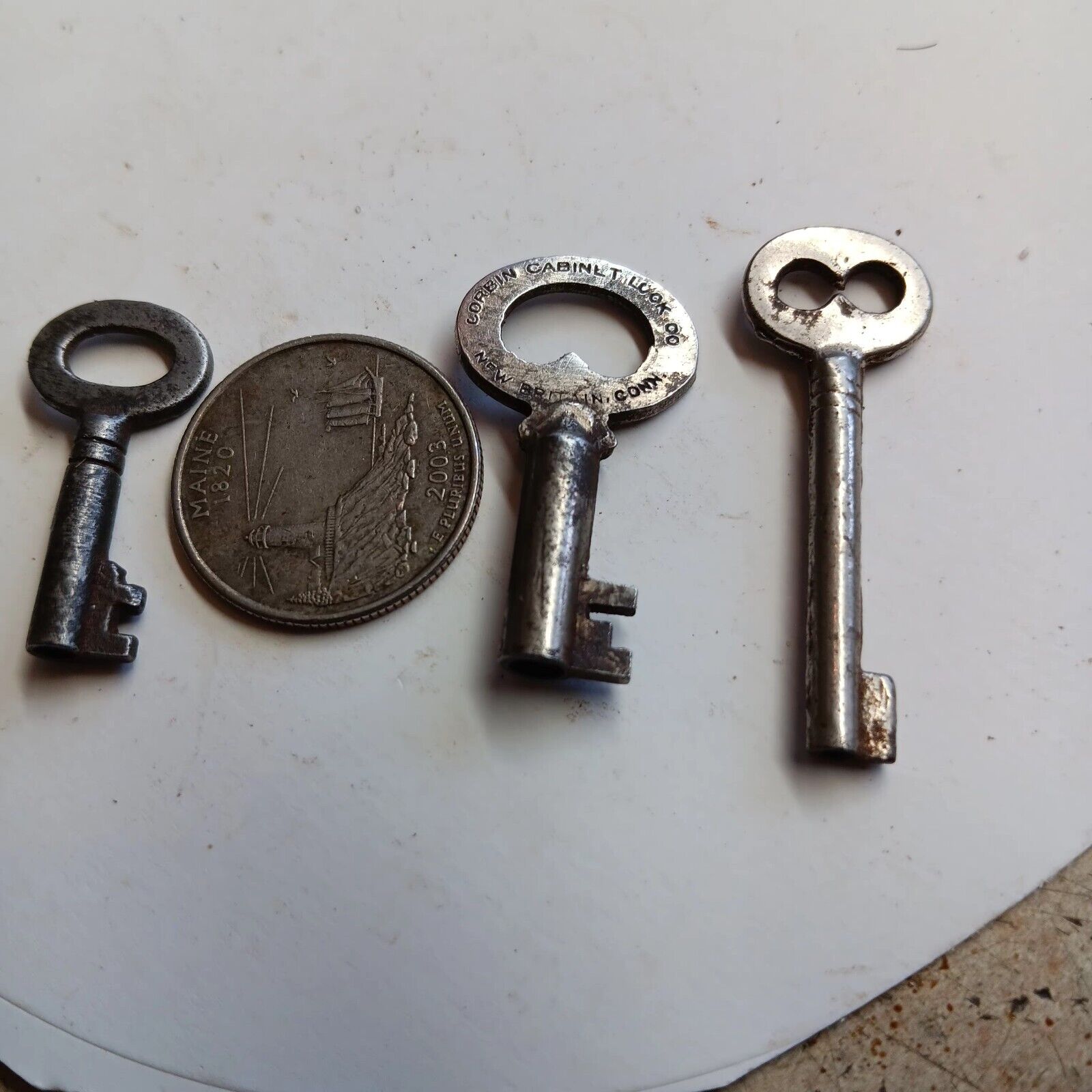 3 Small Vintage Single Bit Open Barrel Keys. 1 Corbin. These Are Cabinet Keys.