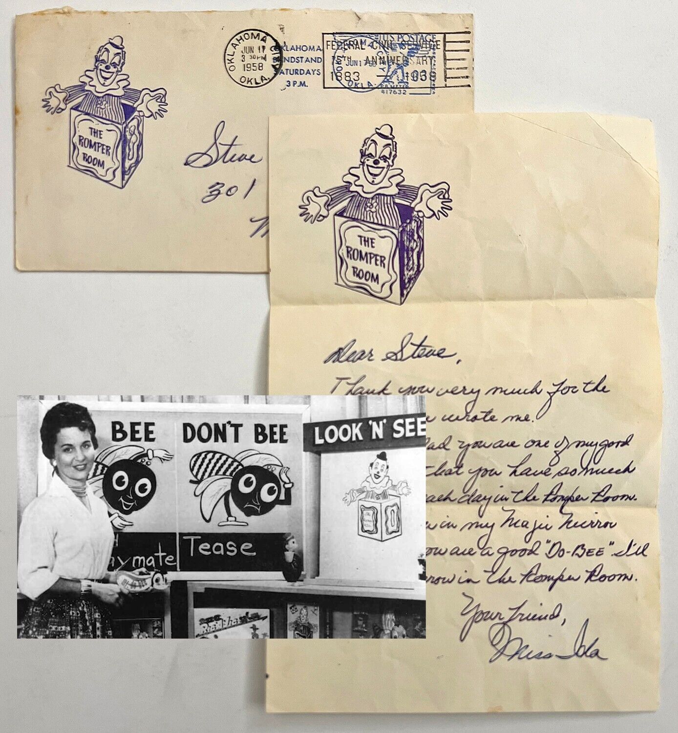 1958 Romper Room letter & envelope from Miss Ida KOCO TV Oklahoma City to STEVE