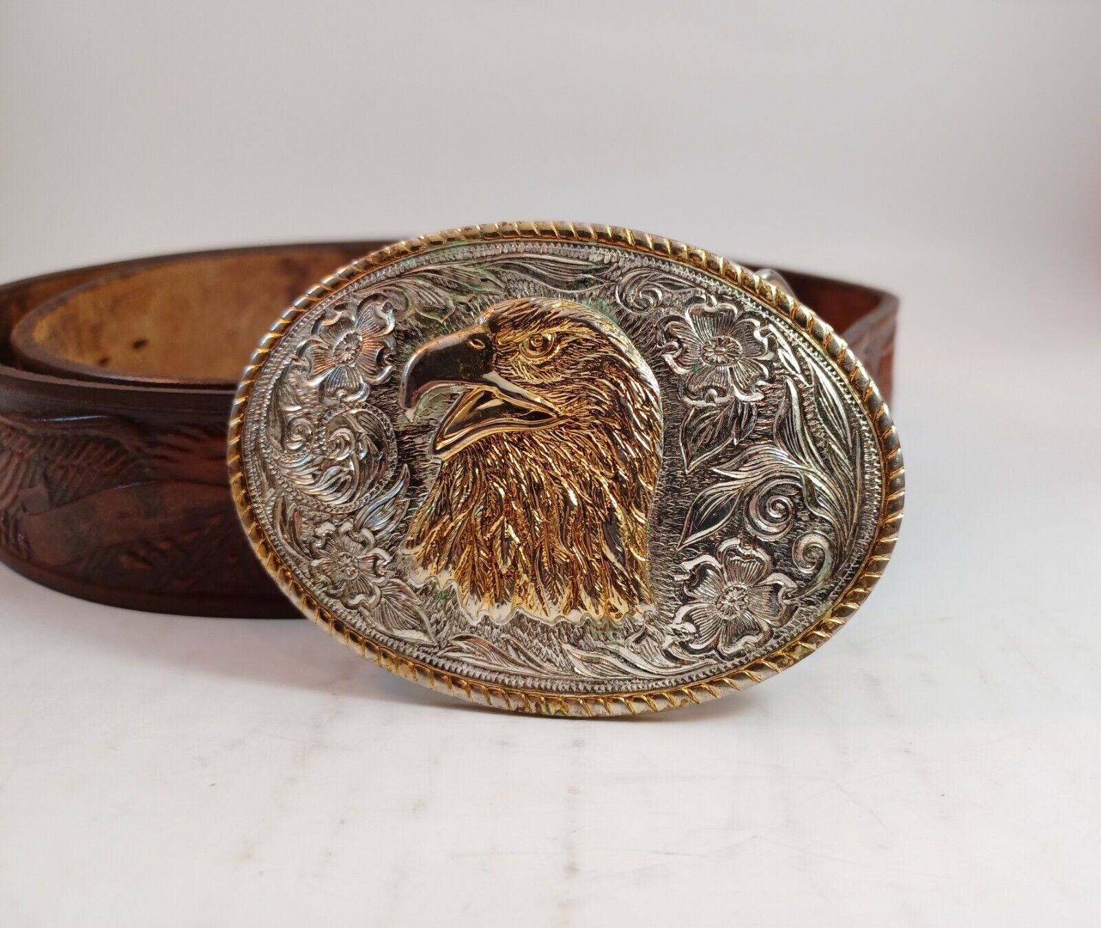Vintage Aminco Eagle Buckle Hand Tooled Leather Belt Heritage Collection (38)