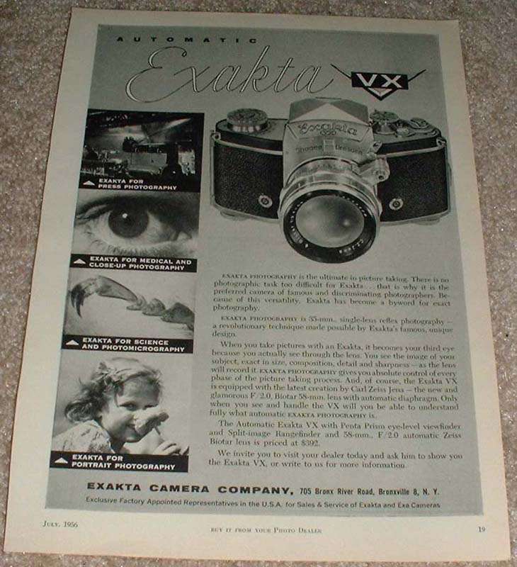 1956 Automatic Exakta VX Camera Ad, NICE