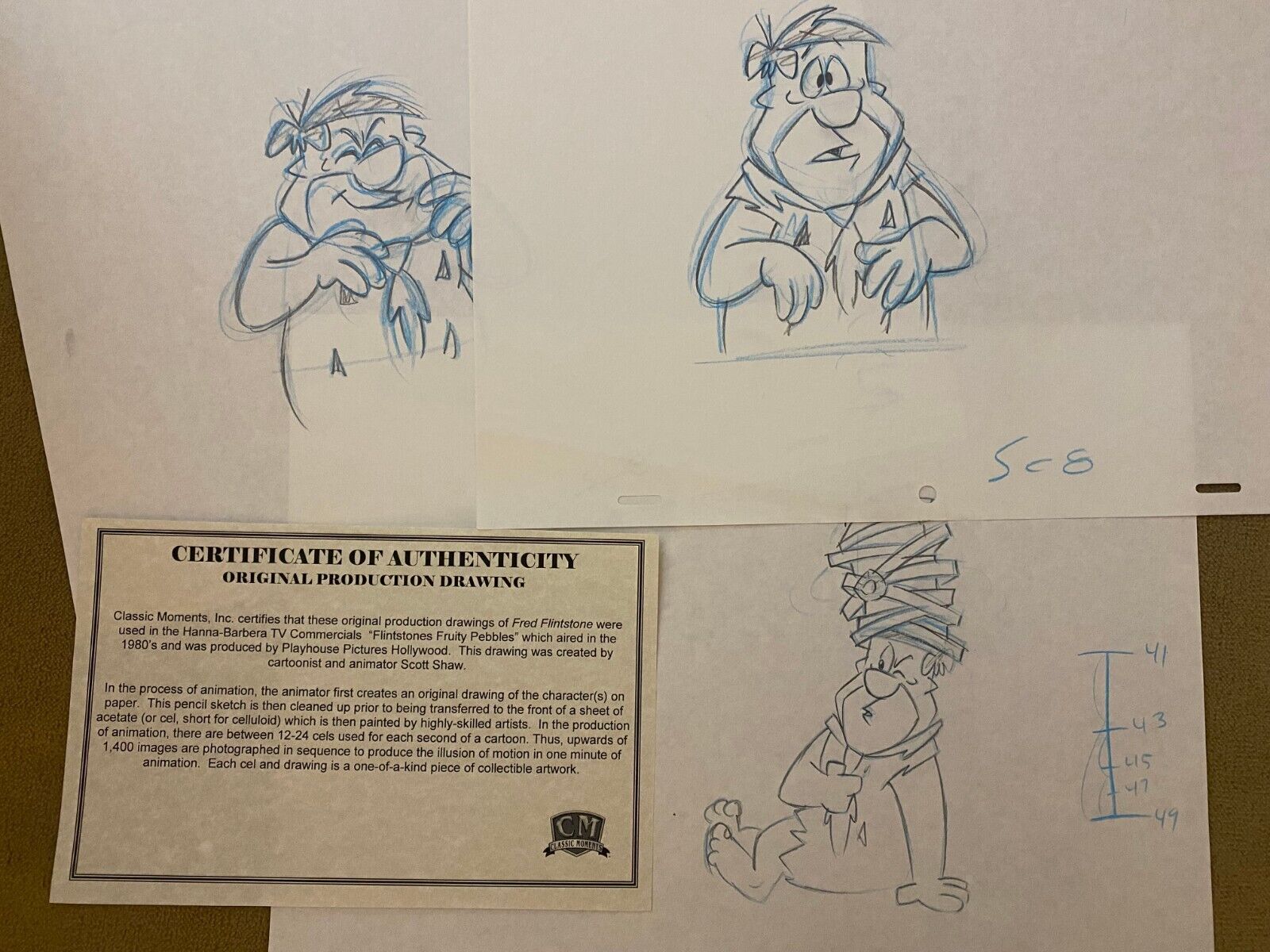 Fred Flintstone Original Animation Drawings, Fruity Pebbles Cereal Hanna-Barbera