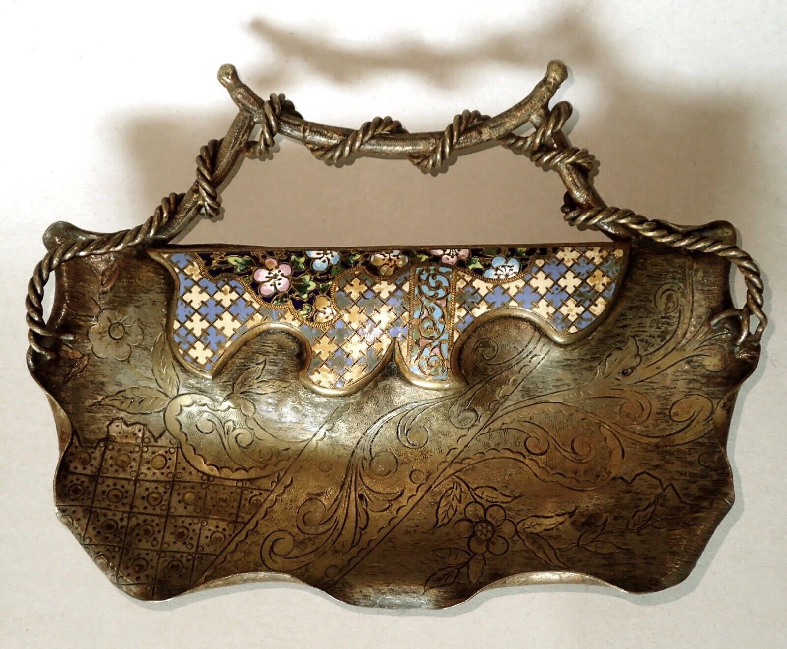 RARE antique ART NOUVEAU copper fire enameled cloisonné serving bowl centerpiece
