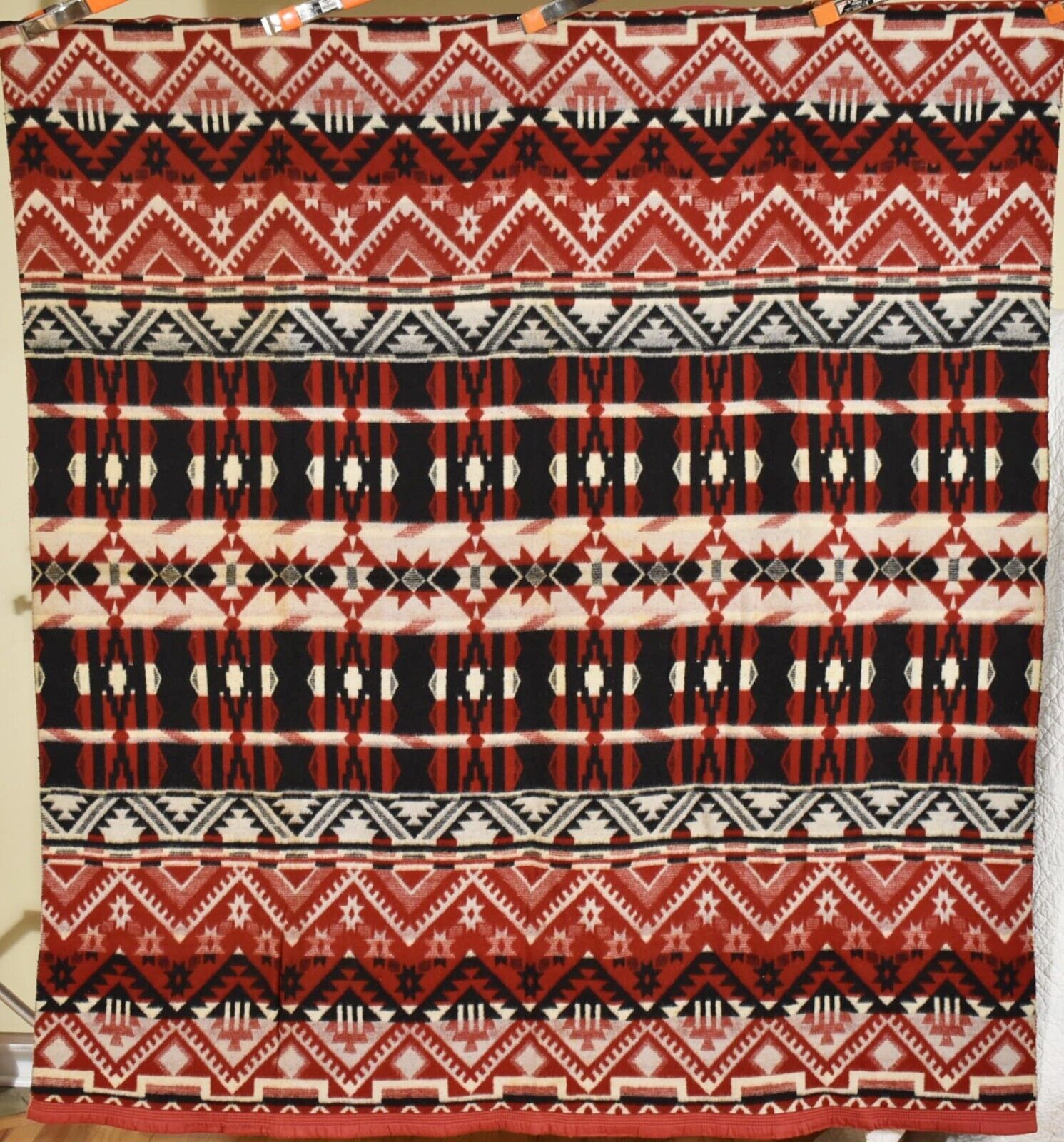 VIBRANT Vintage Esmond Mills Red, Black & White Camp Blanket ~Indian Design