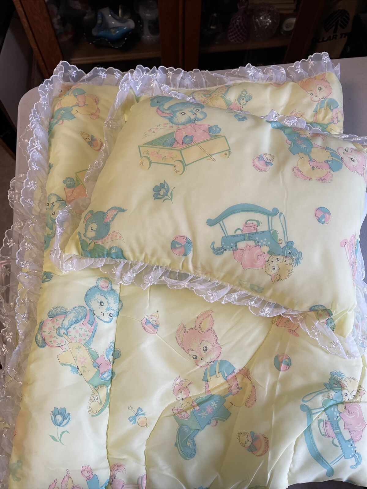 Baby Crib Blanket & Pillow 1940\'s Matching Set Antique VTG Rushton type print