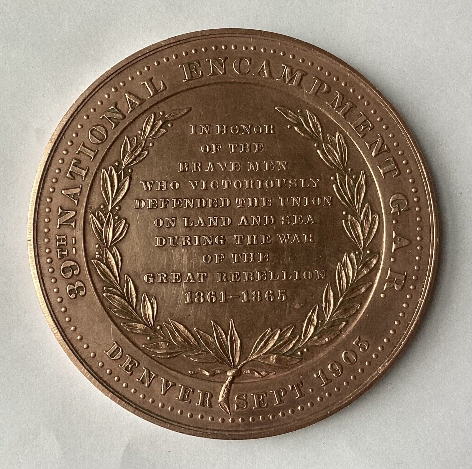 Antique Sept 1905 Denver 39th National Encampment G.A.R. Bronze Medal 1861-1865