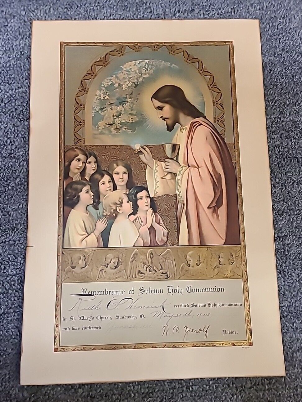 1923 Vintage Religious Remembrance Holy Communion Certificate Signed   Picture