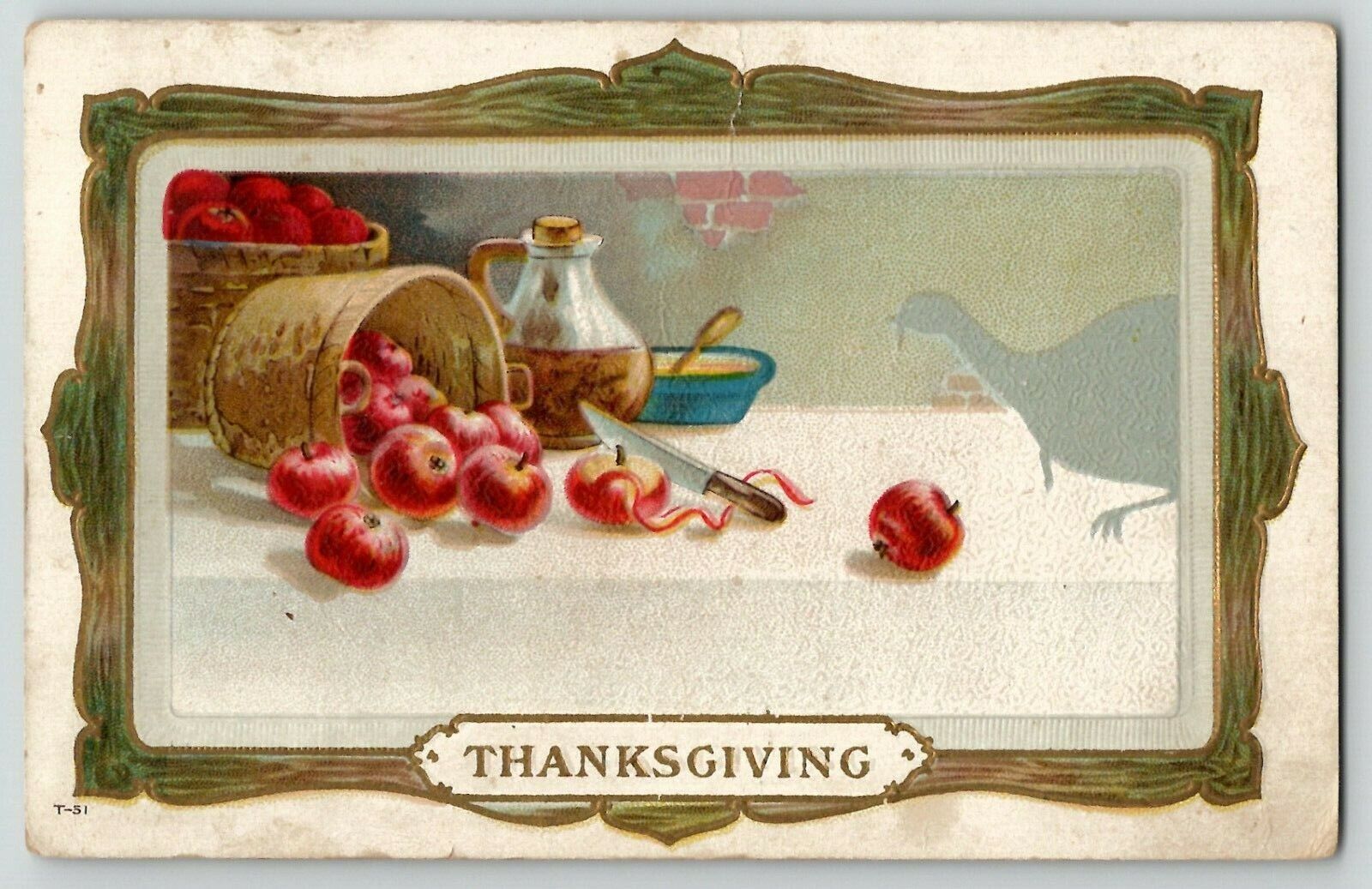 Embossed Thanksgiving still life, table apple pealing, turkey 1916 postcard T-51