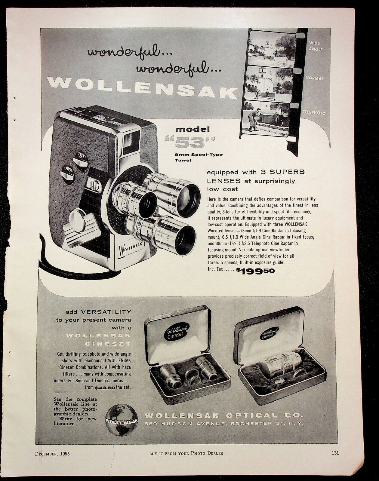 Vintage 1955 Wollensak Model 53 8mm Superb Lenses Video Camera Print Ad