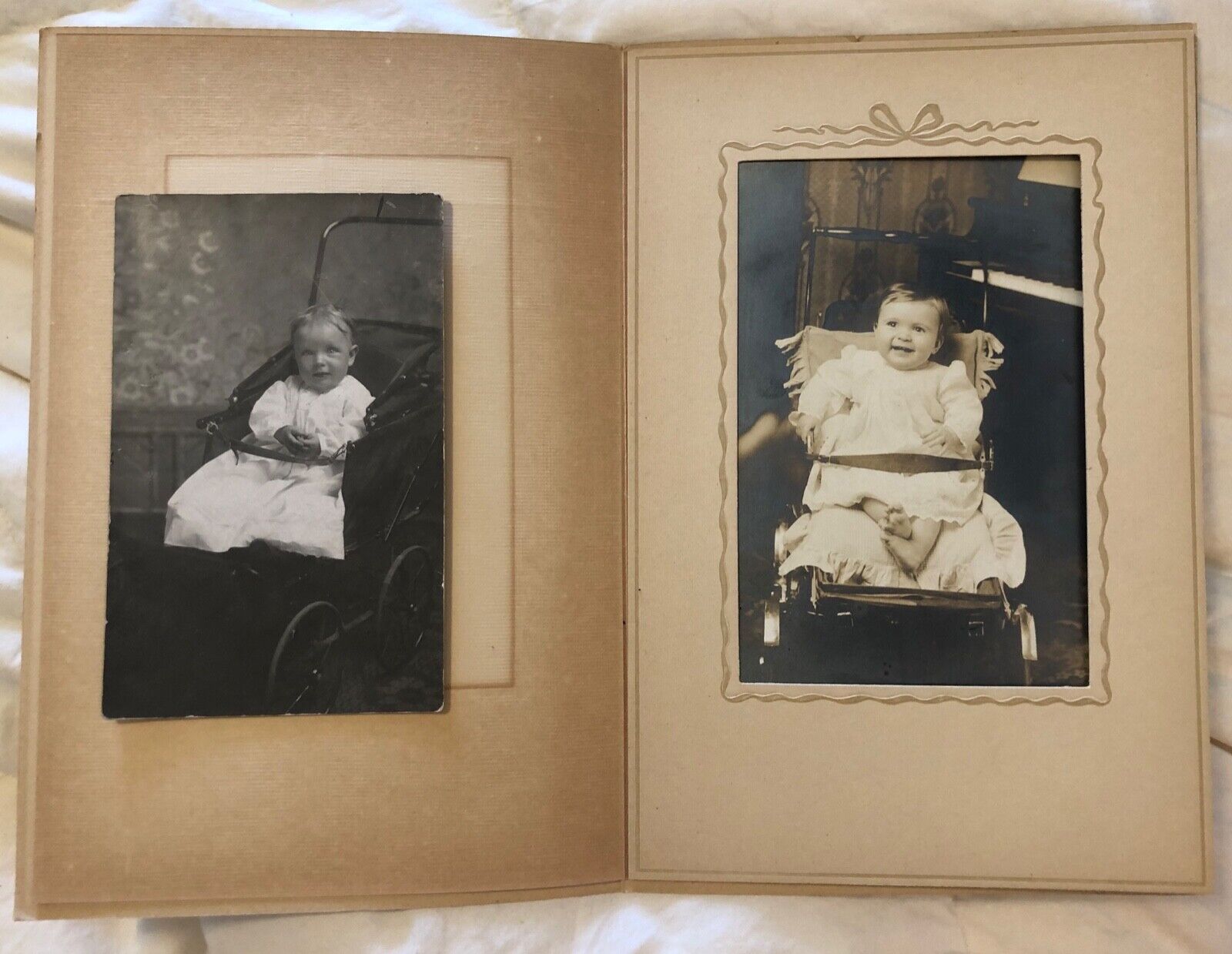 Antique Infant Baby Photo & Postcard Carriage Pram with Embossed Folder 
