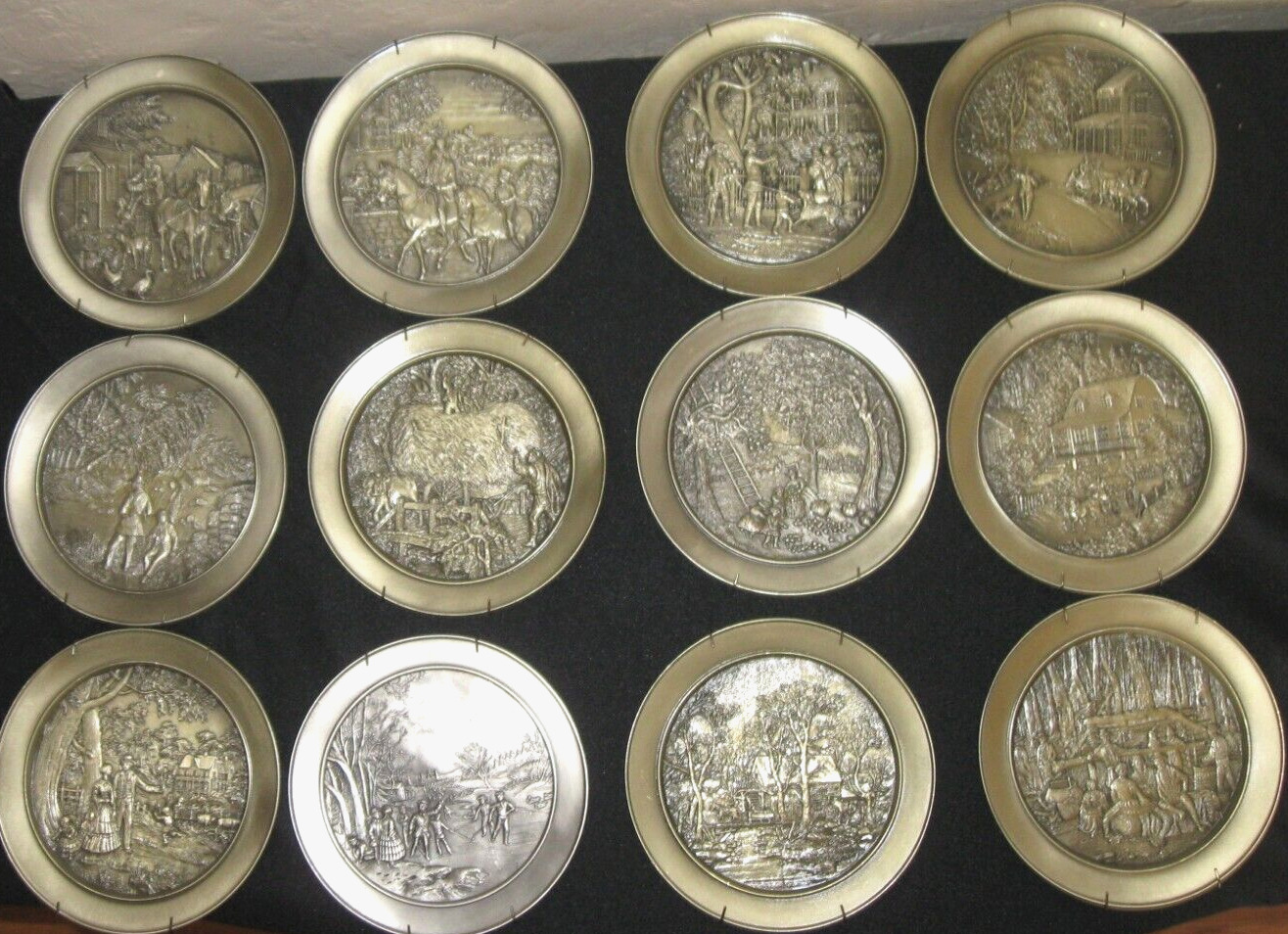 Vintage 1977 Currier & Ives Pewter Collectors Plates Full Set 12 Beautiful Art