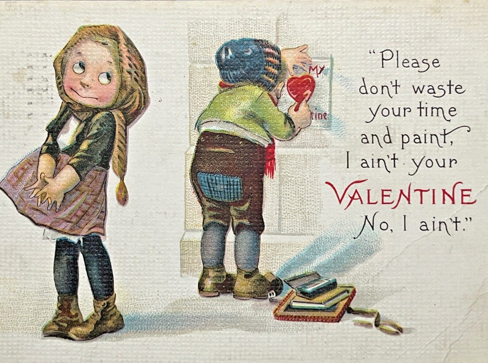 Valentine Postcard Bashful Pretty Girl Boy Writing Valentine Children 1915 VG