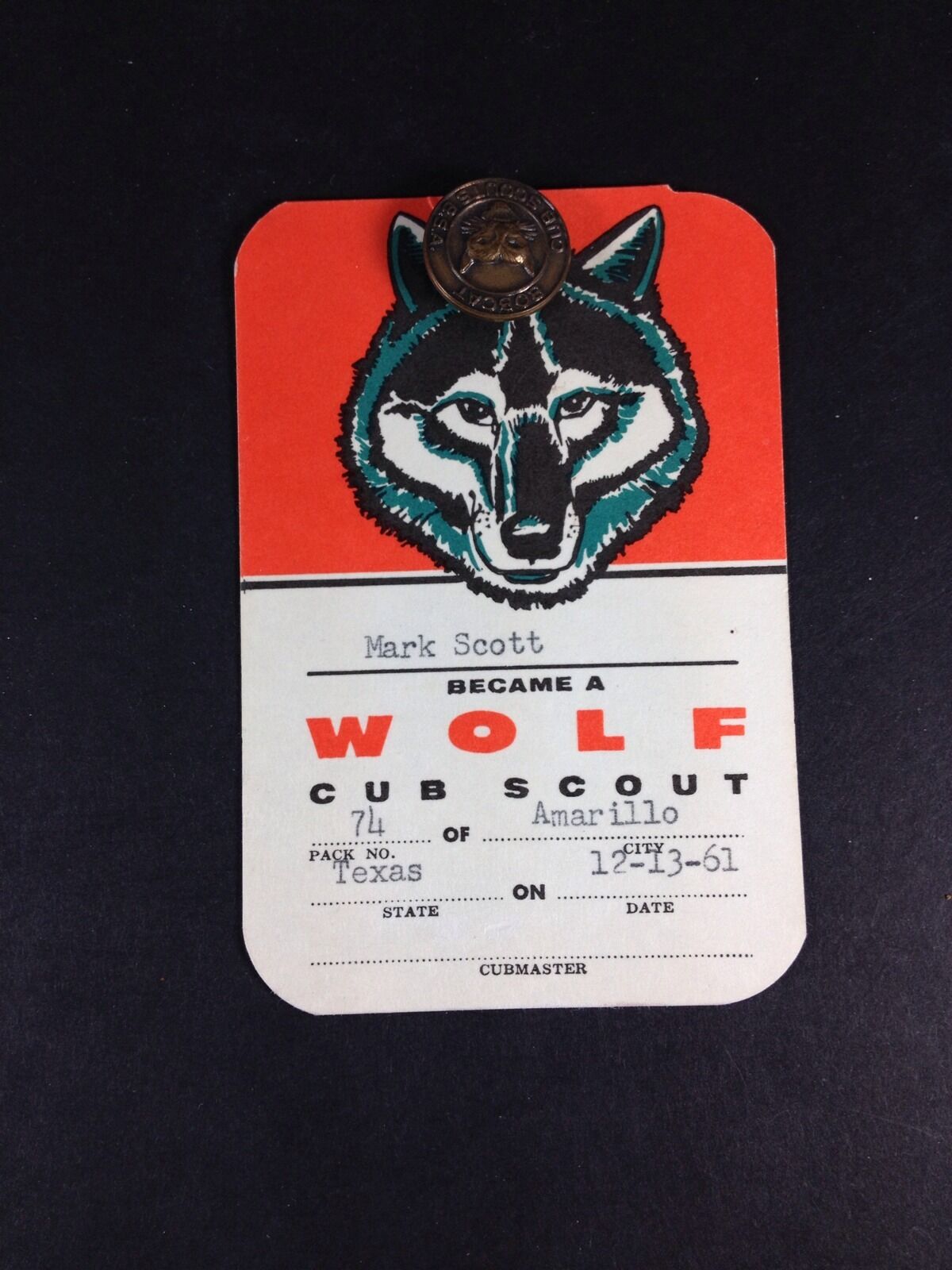 Vintage Boy Scouts Brass Bobcat Pin On Original Card 12-13-61 \