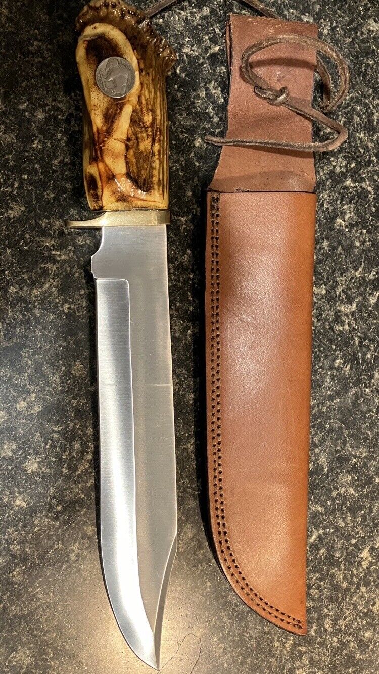 1967 Handmade Knife 10 3/4” Stainless Steel Blade With Leather Sheath Elk Handle
