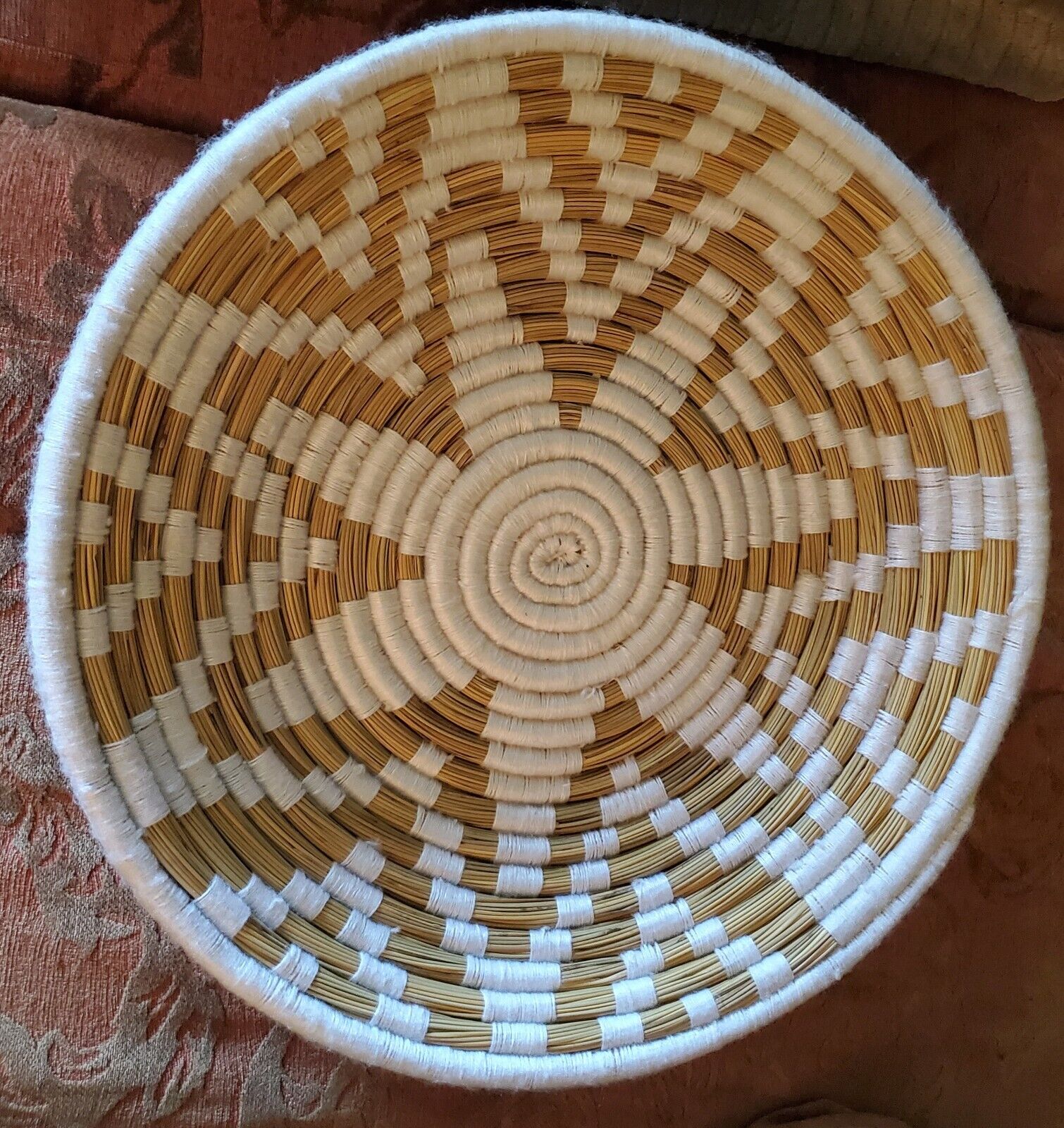 Vintage Coiled Basket Bowl Wall Hanging Color Rwanda Bohemian Tribal Boho 17.5\