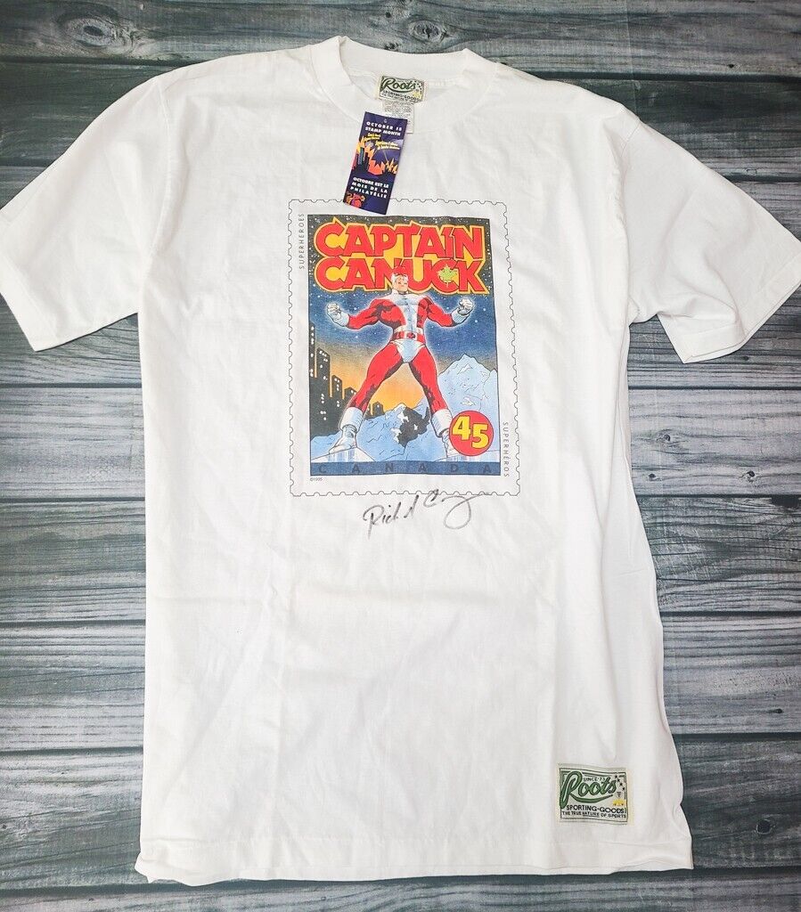 Roots New DEAD STOCK CAPTAIN CANUCK T SHIRT Richard Comely Signed  XL Rare