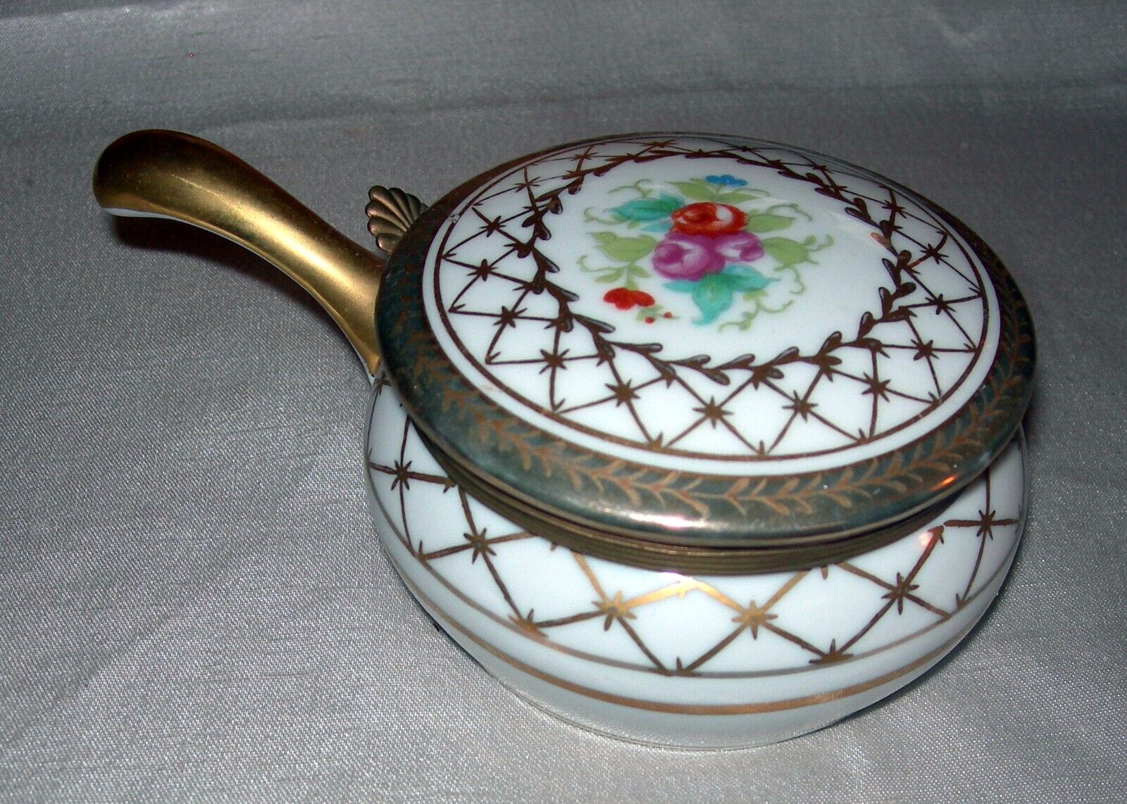 Vintage Antique German Kalk Porcelain Gilded Trinket Box with Handle