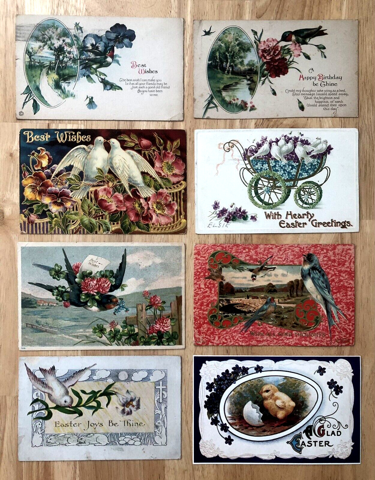 ANTIQUE EARLY 1900s LOT OF 8 EASTER BIRDS POSTCARDS - 6 ONE CENT STAMPS