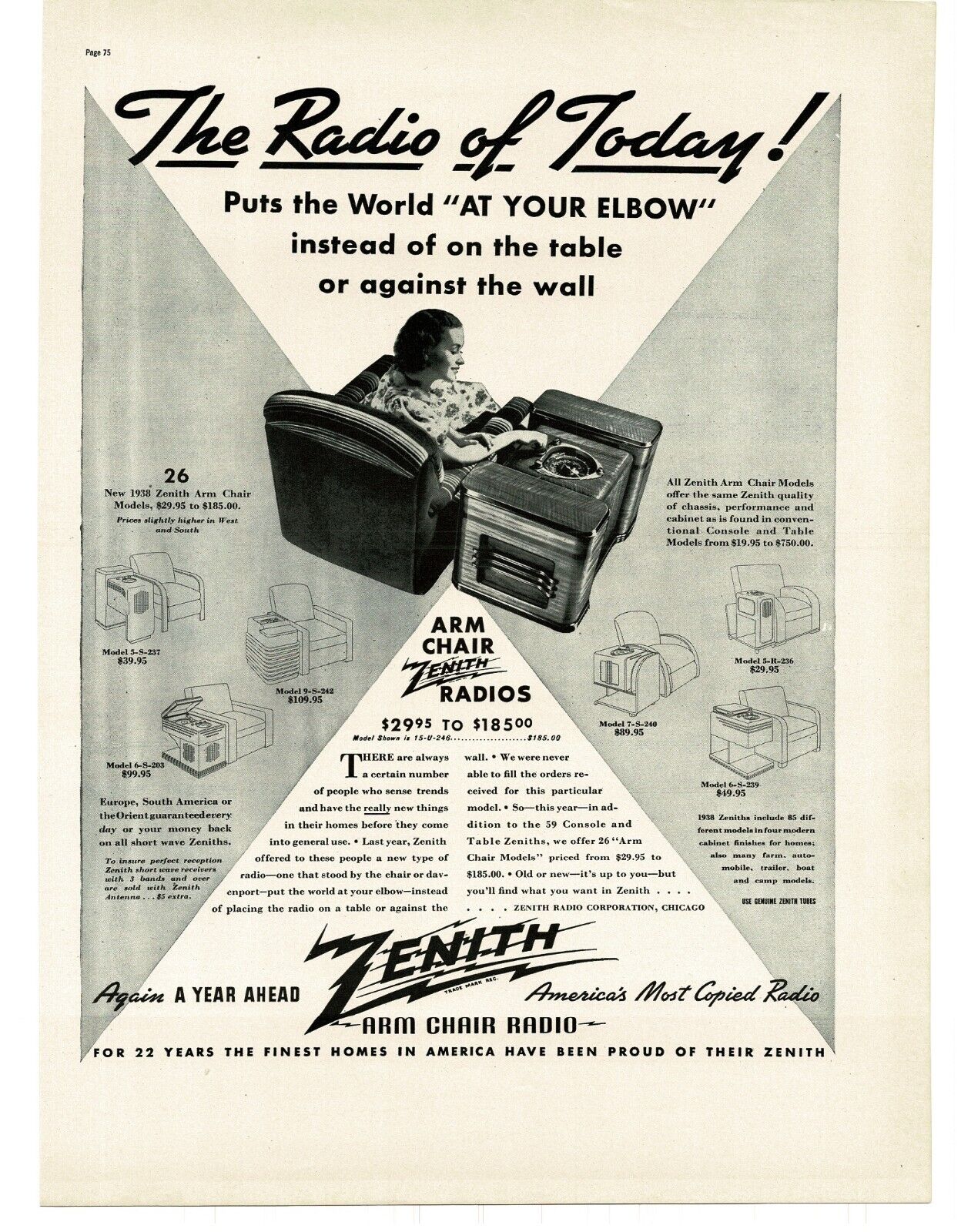 1938 Zenith Arm Chair Radio Model 15-U-246 Vintage Print Ad
