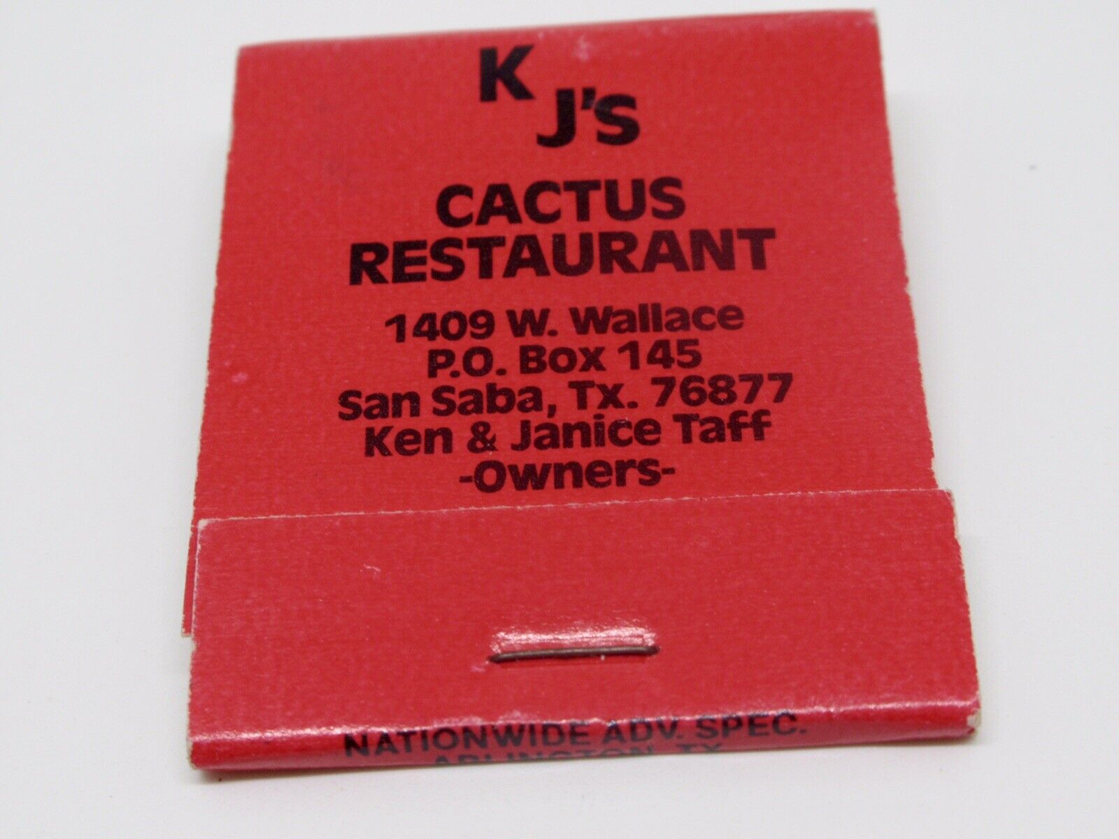 K J\'s Cactus Restaurant San Saba Texas FULL Matchbook Ken & Janice Taff Owners