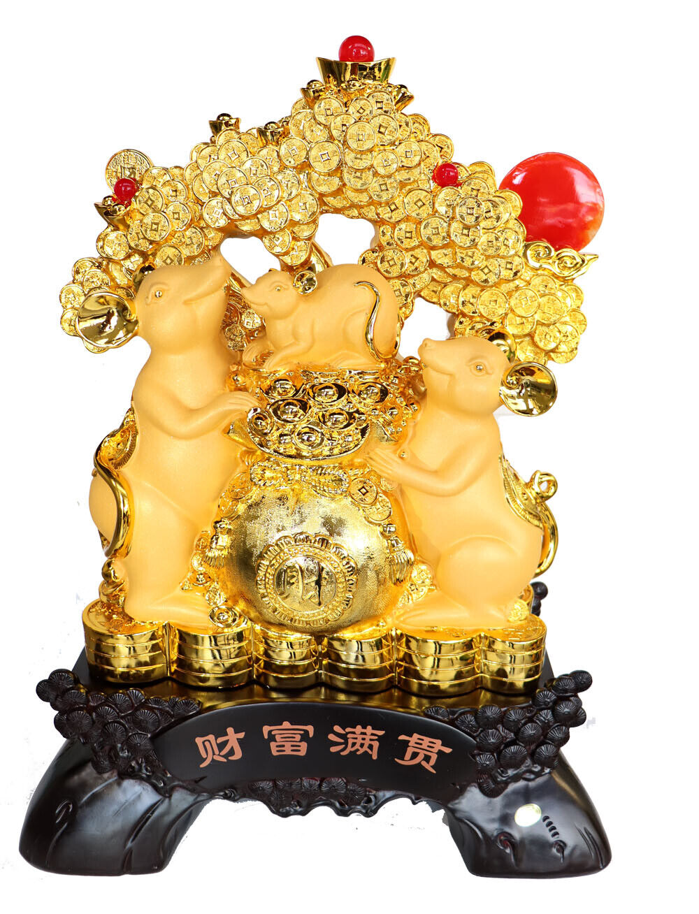 Big Chinese Zodiac Rat Statue with Bejeweled Money Tree and Money Bag