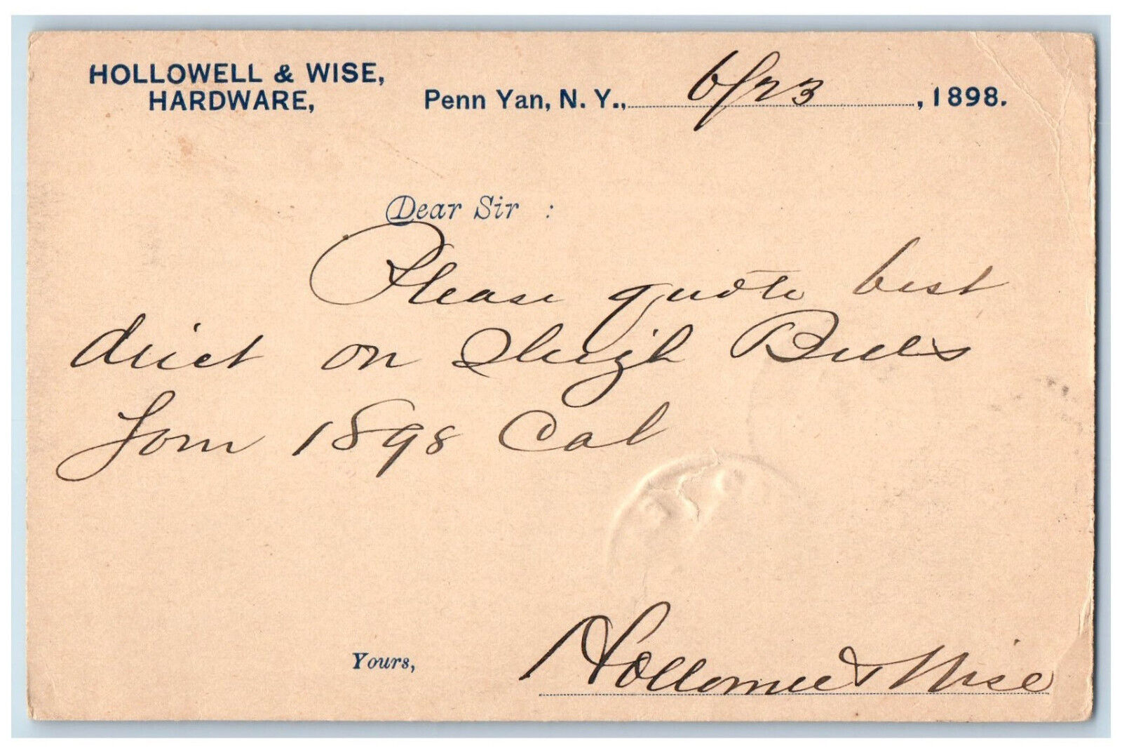 1898 Hollowell & Wise Hardware Letter Penn Yan New York NY Postcard