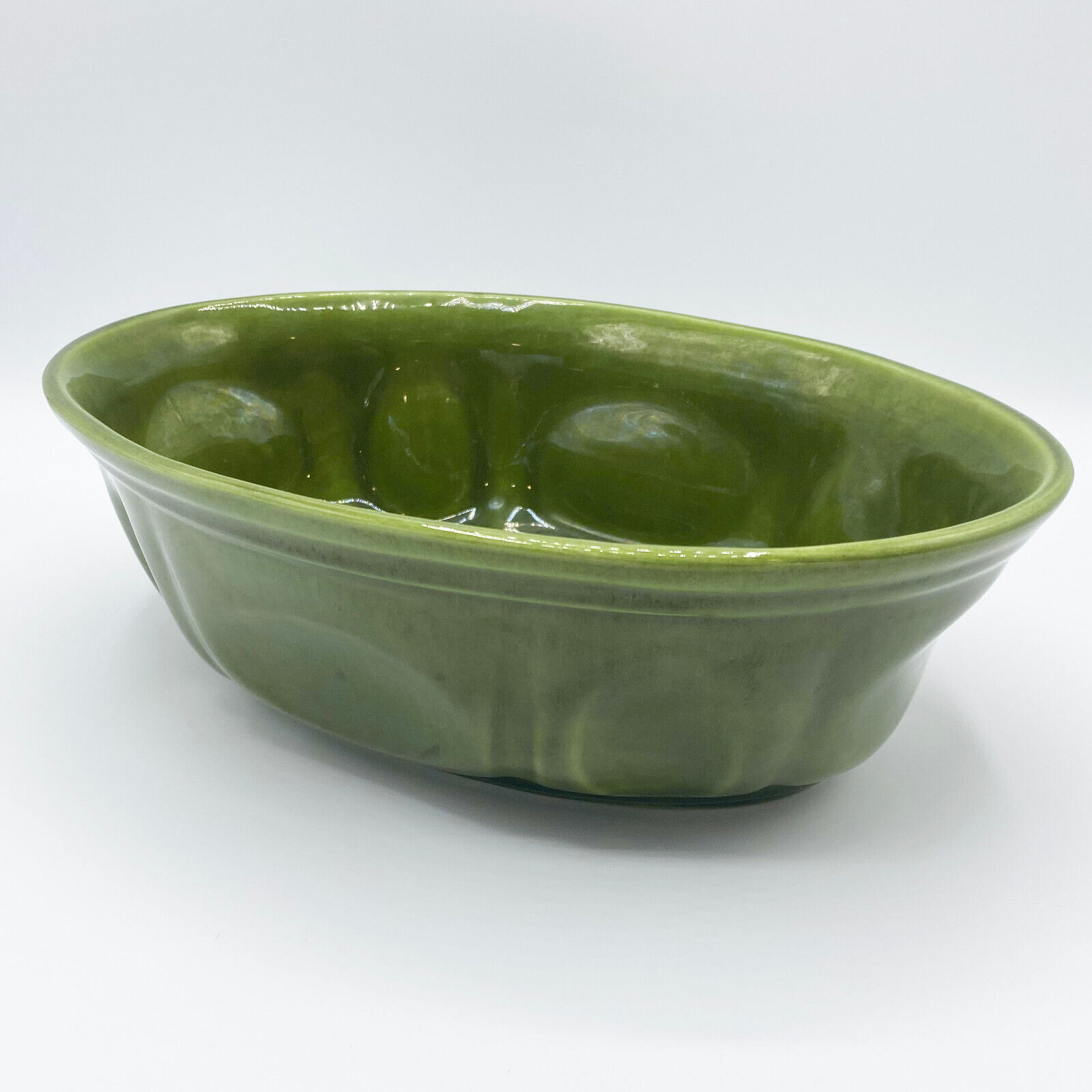 HAEGER Vintage 60s 70s Olive Green Oval Pottery Planter Bowl - No. 3929