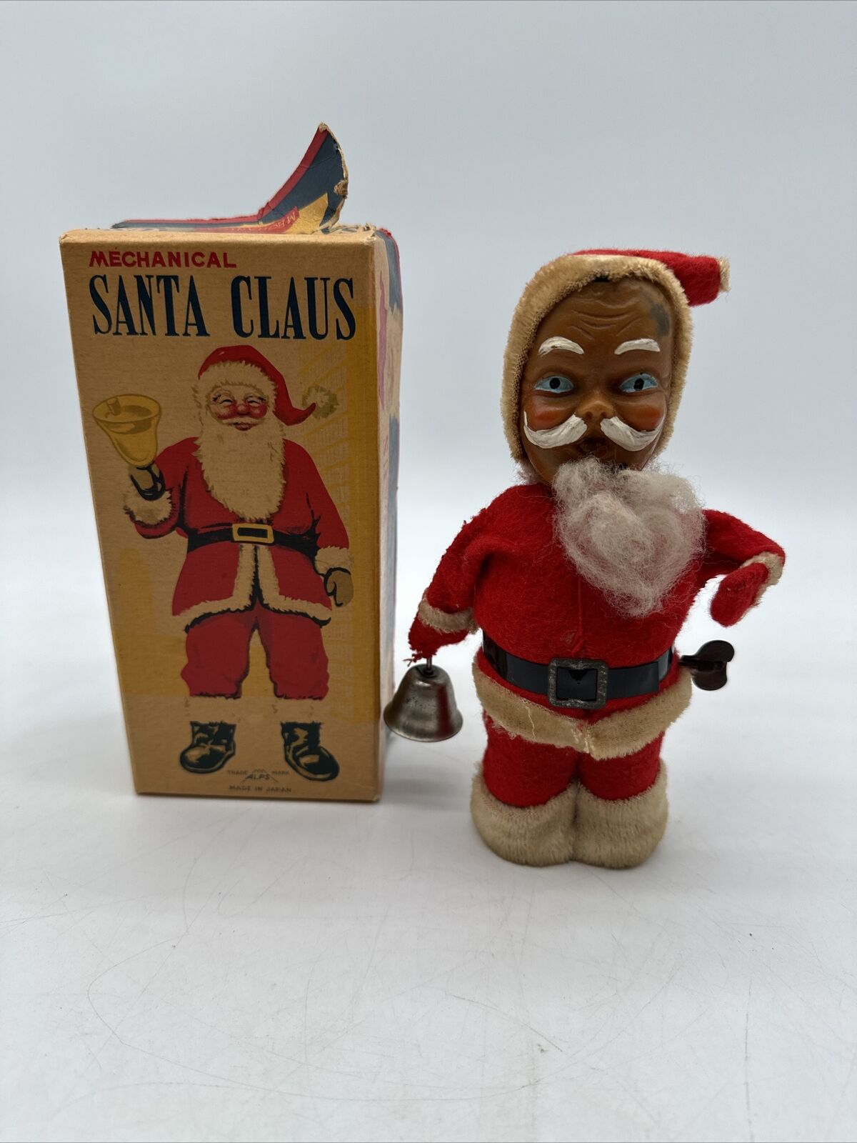 1950\'S VTG ALPS Japan Mechanical Santa Claus Ringing Bell Wind Up ORG Box WORKS