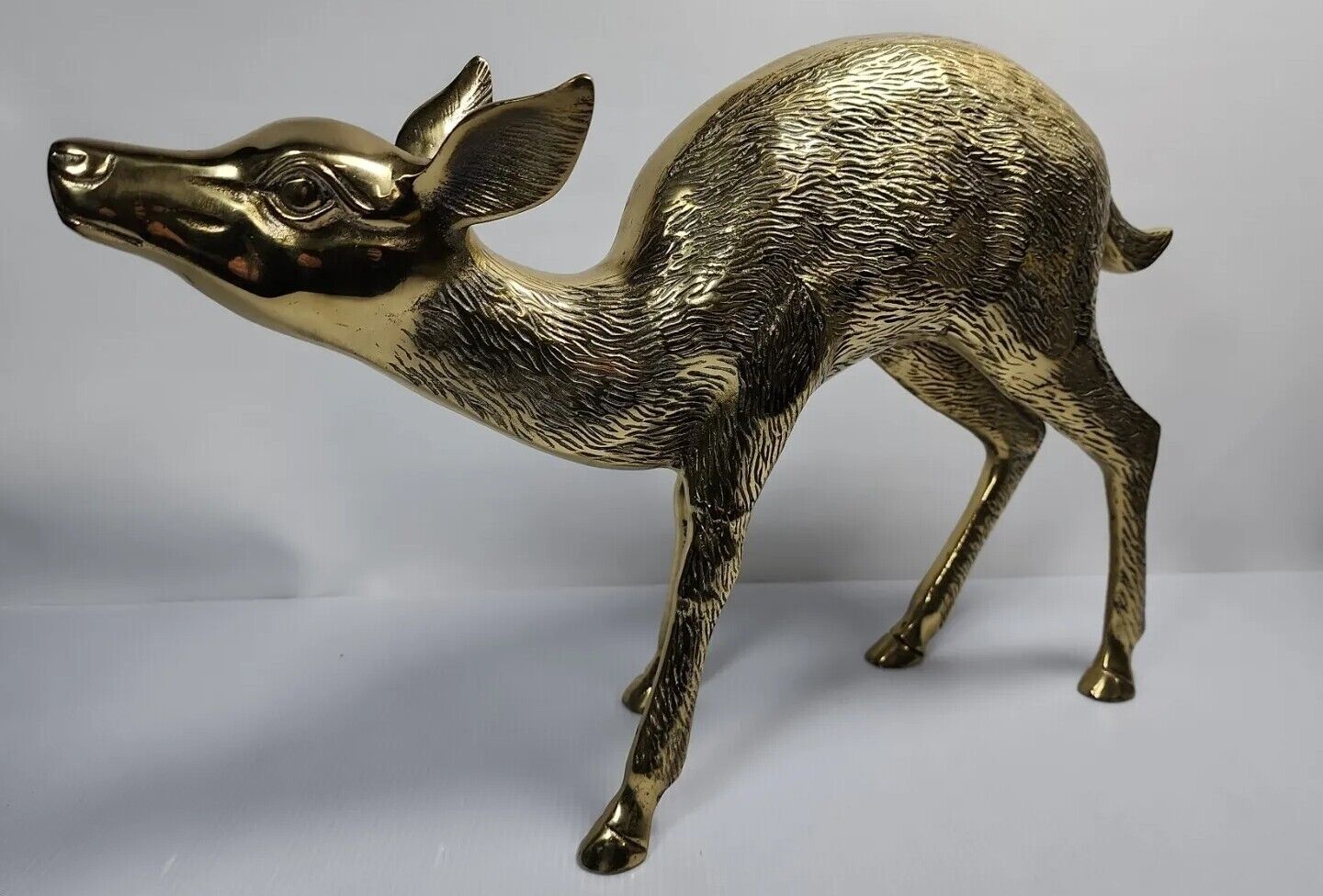 Large Old Brass Fawn Doe Deer Figurine 13” x 20” Excellent Condition Detail 