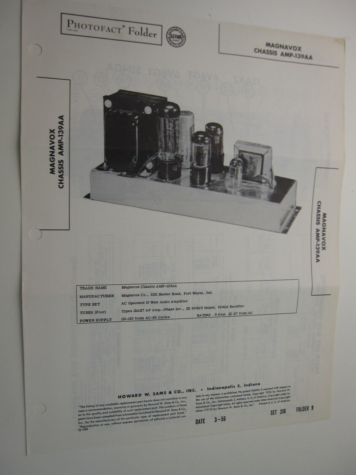 1950's Sams Photofact MAGNAVOX Model CHASSIS AMP-139AA  BIS