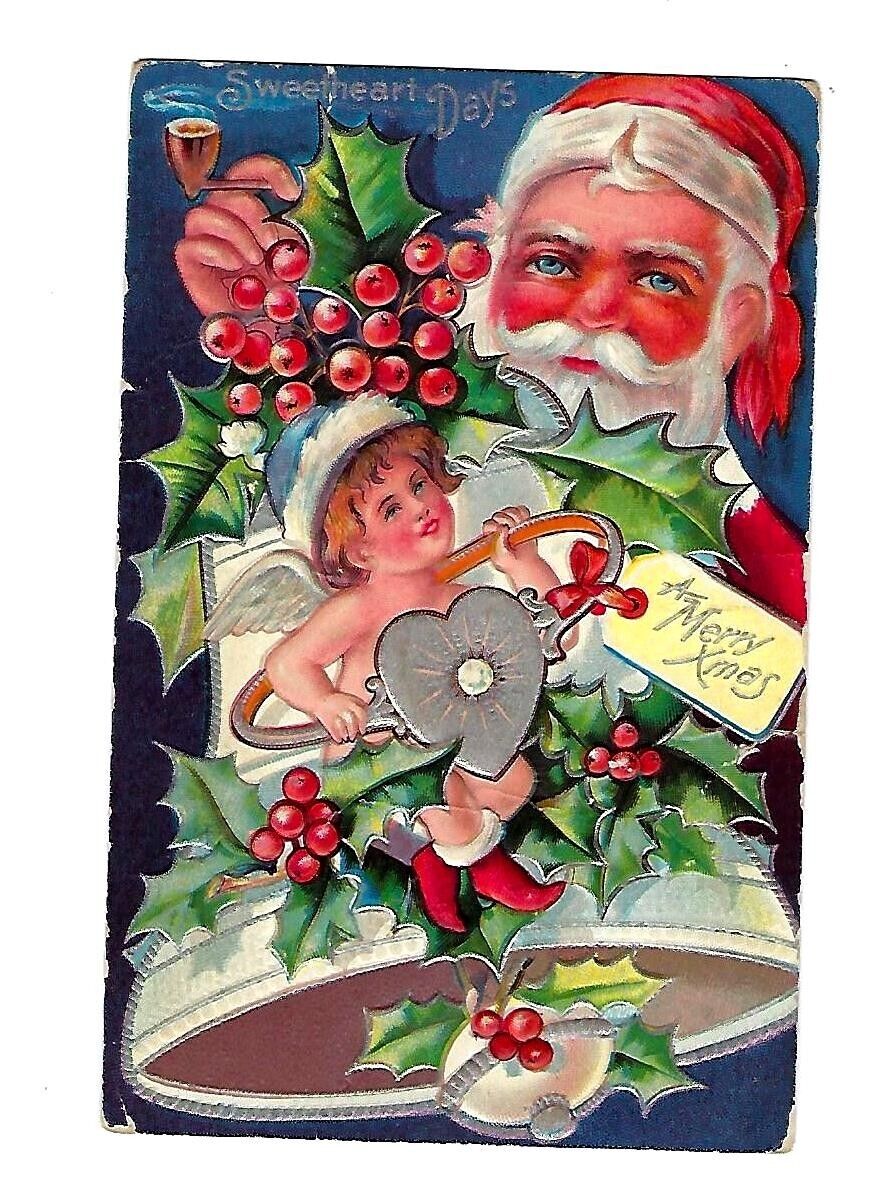 Early 1900\'s Christmas Postcard Santa, Cherub, Bell, Xmas Seal 1952 Embossed