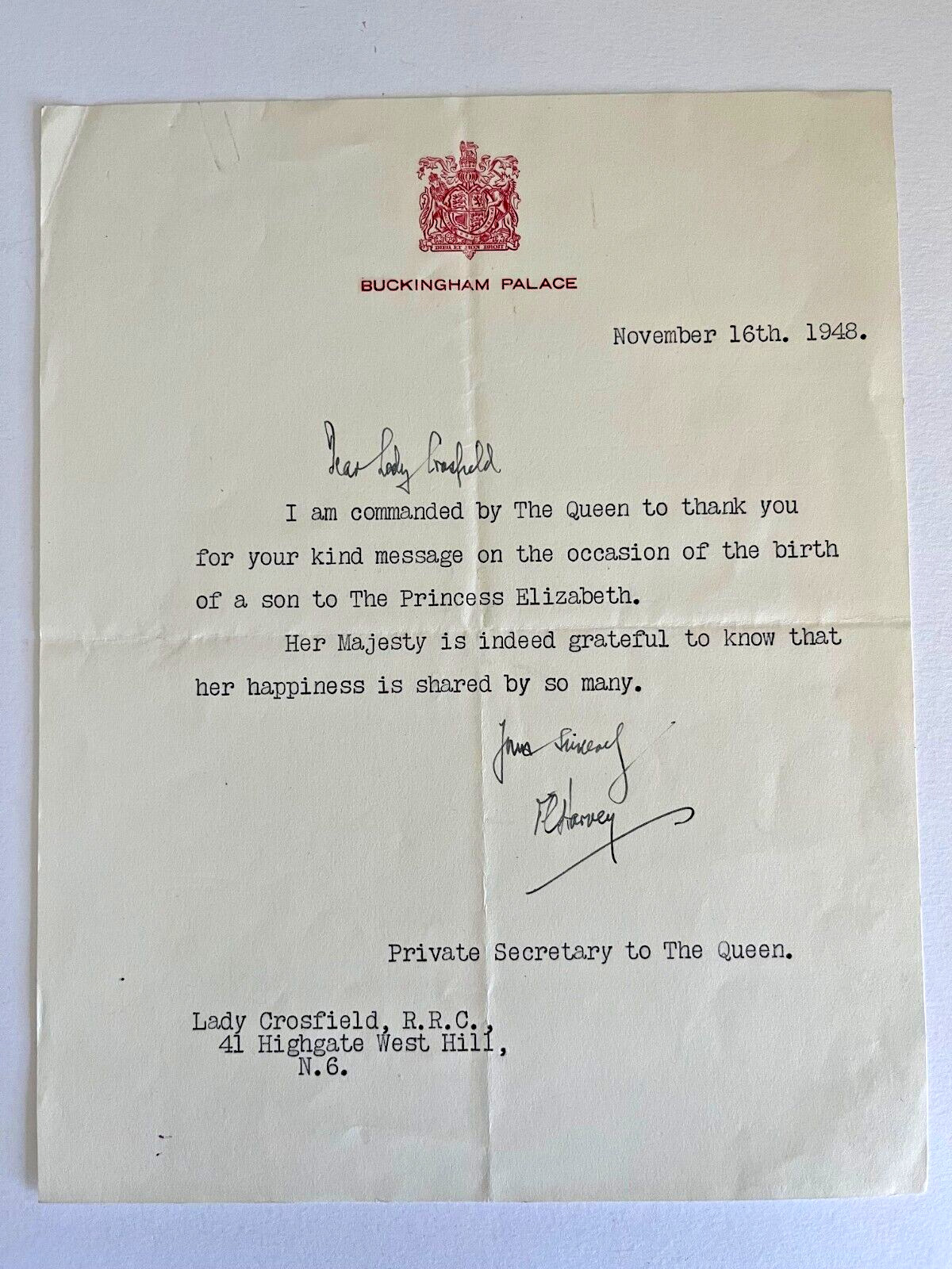 1948 Letter BUCKINGHAM Palace QUEEN sec. ELIZABETH birth CHARLES Lady CROSFIELD