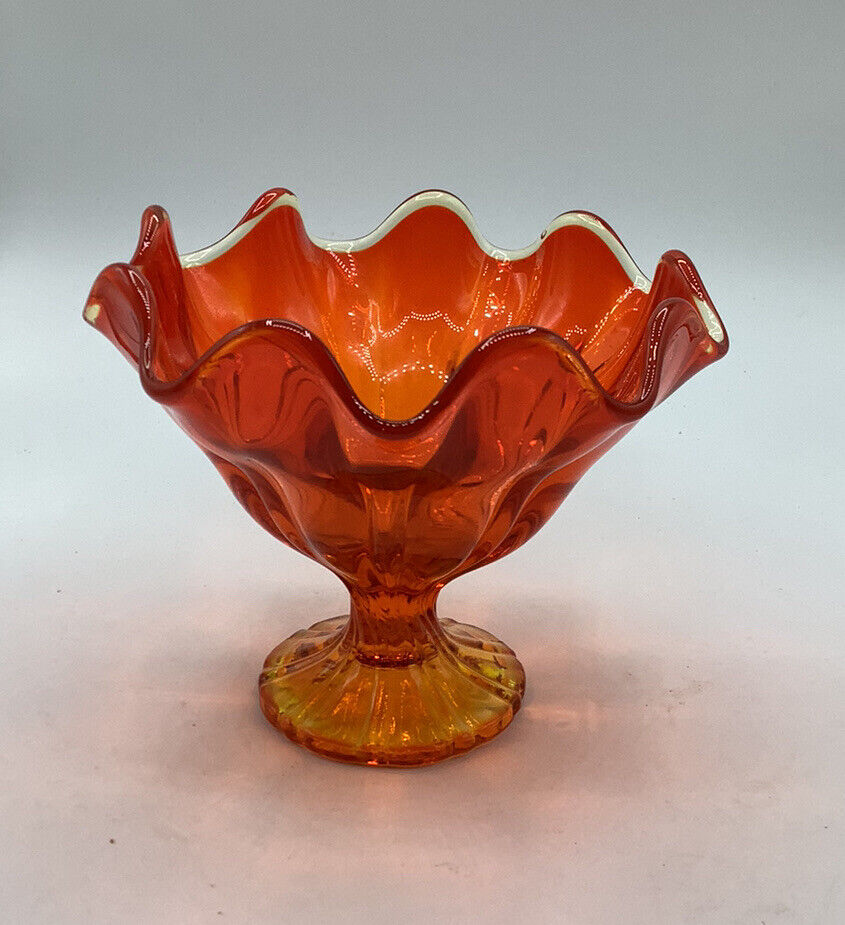 Vintage Amberina Yellow Orange Glass Footed Dish Vase Ruffled Lip 7” 50’s & 60’s