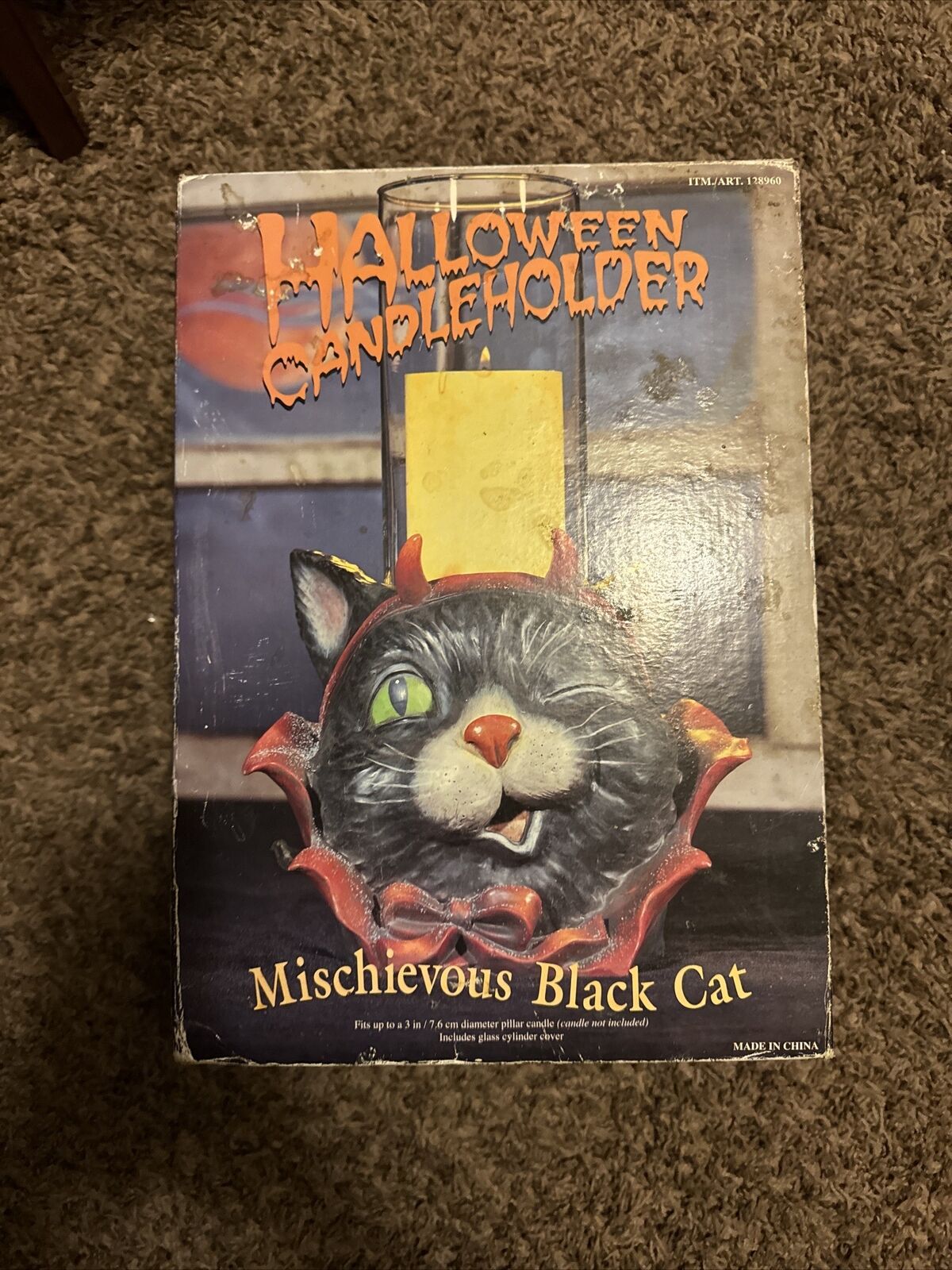 Vintage Halloween Mischievous Black Cat Devil Horns Candle Holder Centerpiece